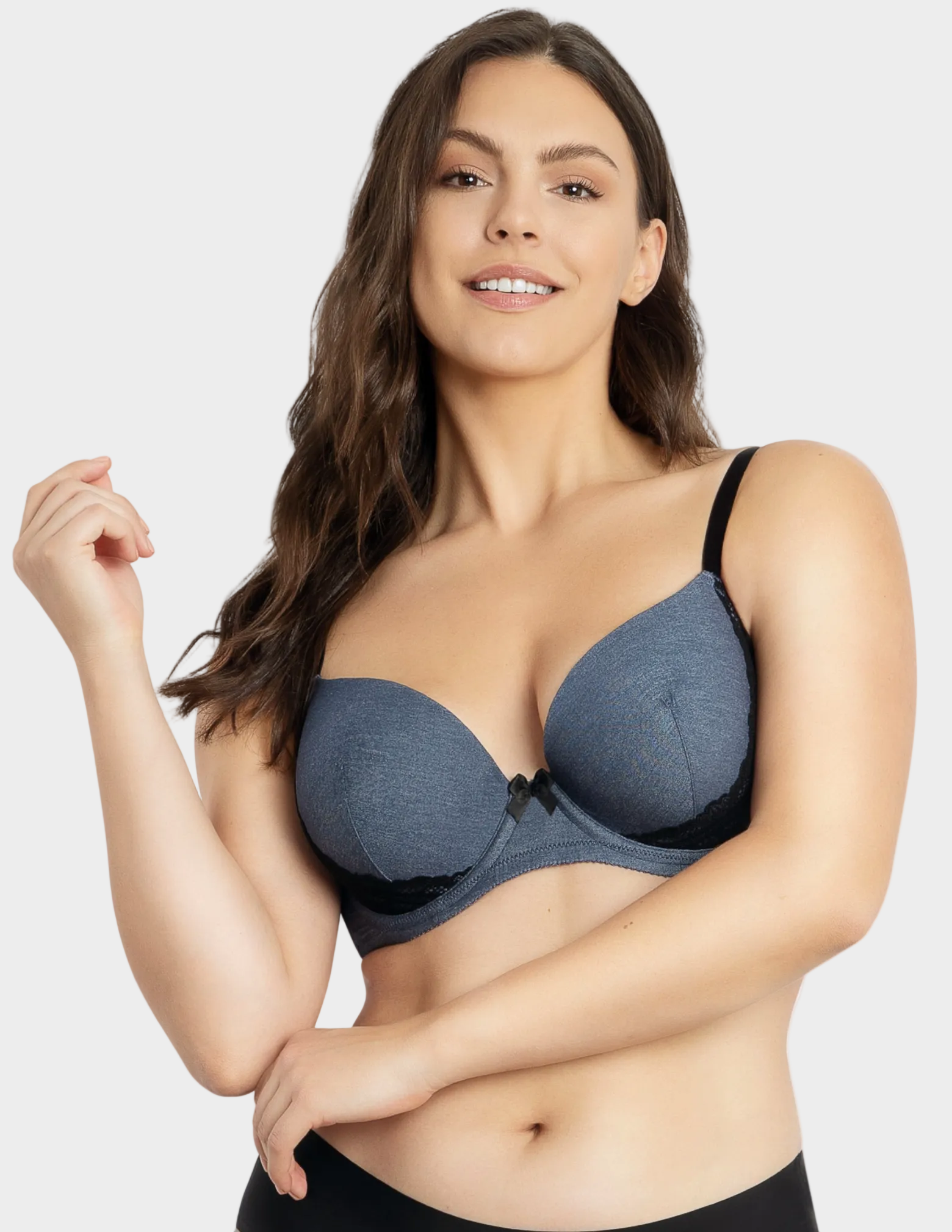 Front view of a model wearing Casey plunge t-shirt bra in denim