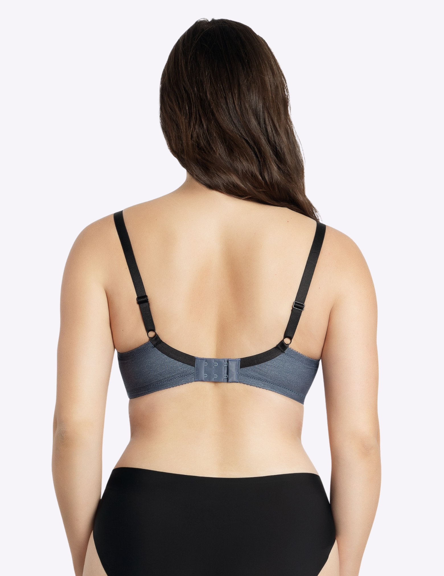 Back view of a model wearing Casey plunge t-shirt bra in Denim