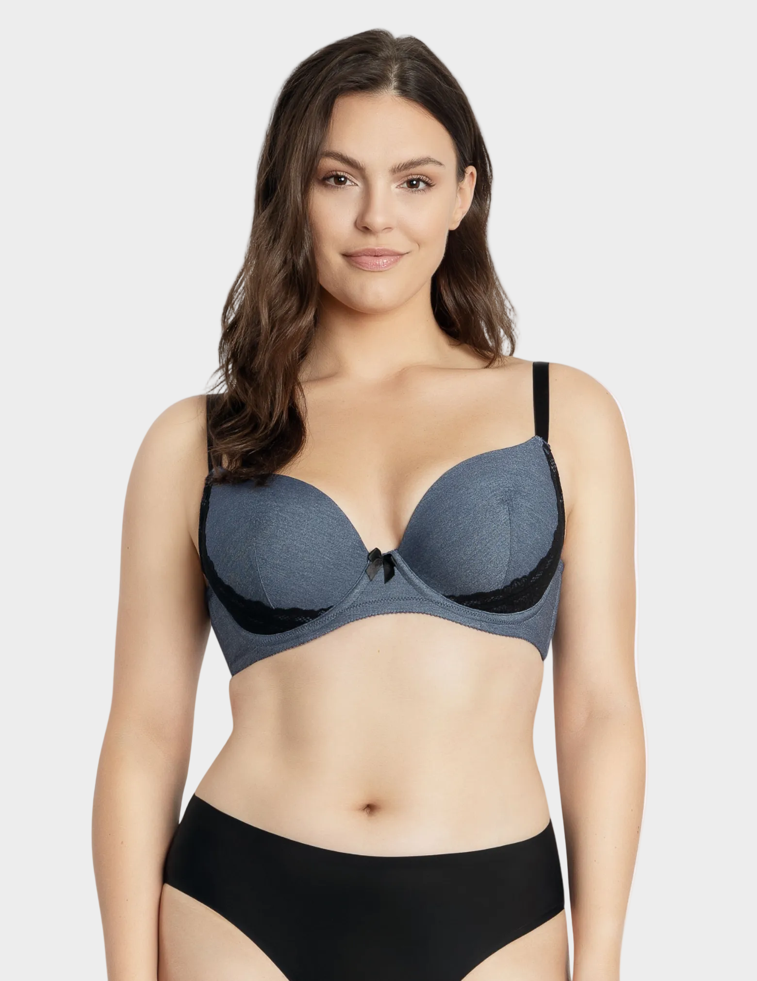 Front view of a model wearing Casey plunge t-shirt bra in Denim