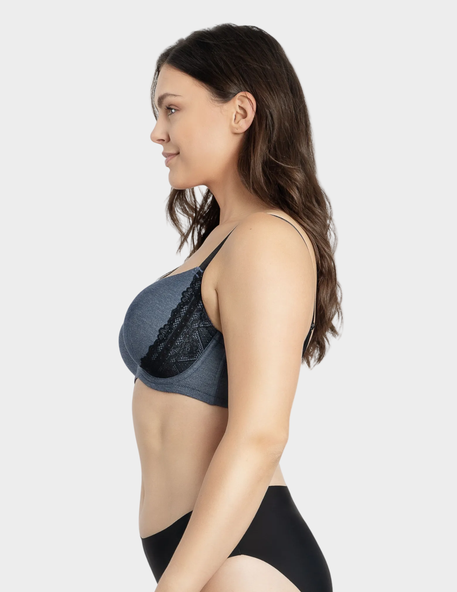Side view of a model wearing Casey plunge t-shirt bra in Denim