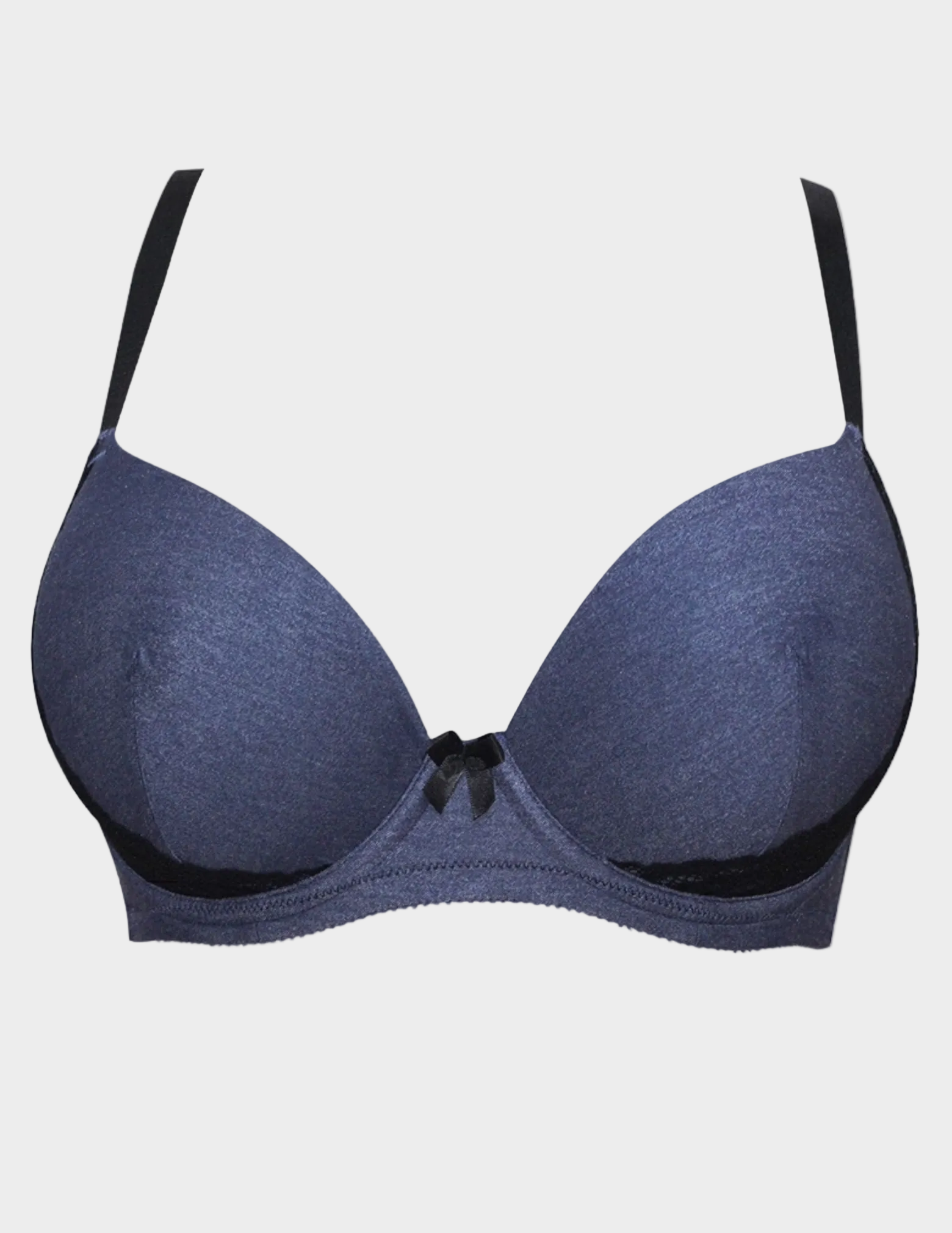 Blue denim printed bra with black lace side details, straps, and center front bow on a white background