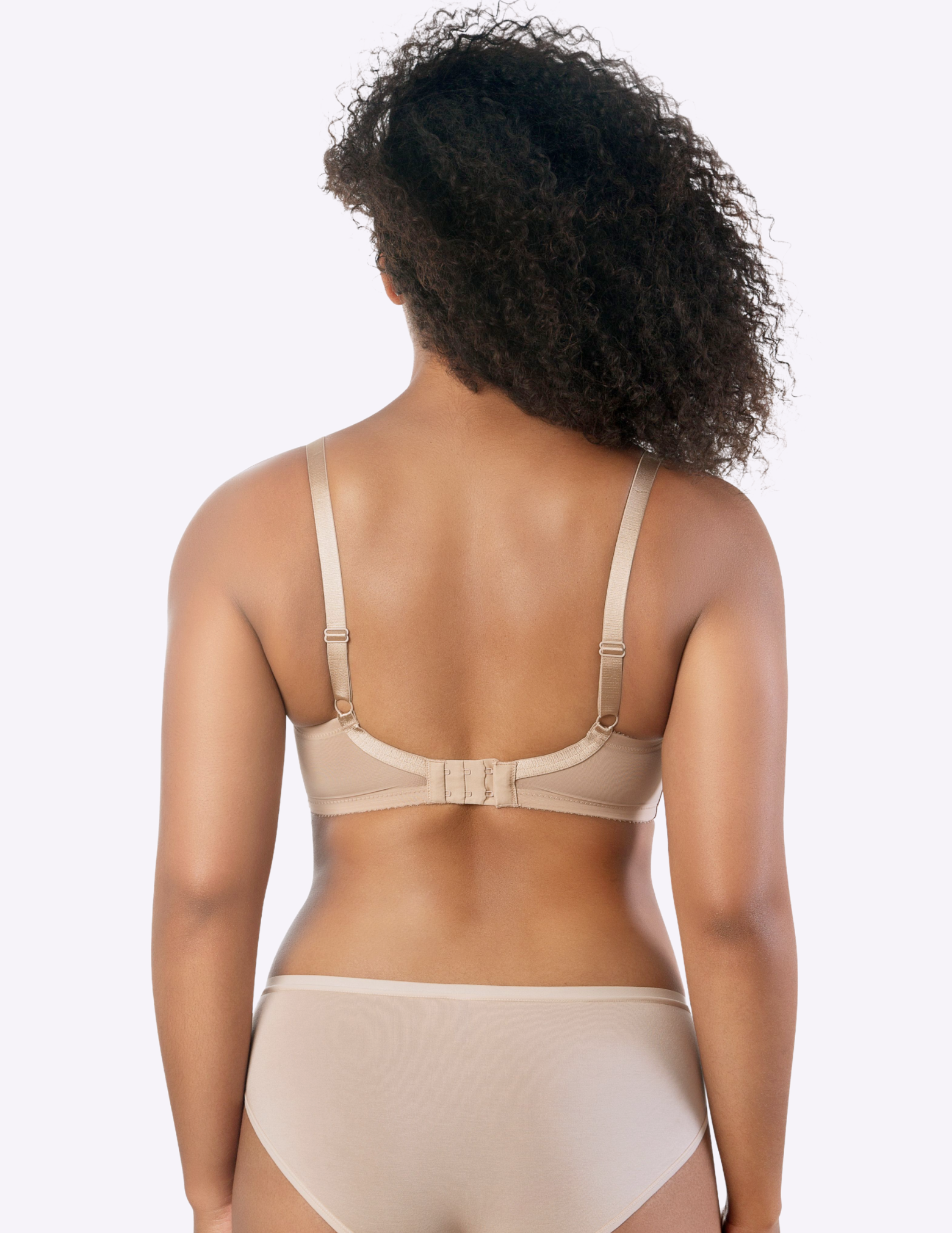 Back view of a model wearing Casey plunge t-shirt bra in European Nude
