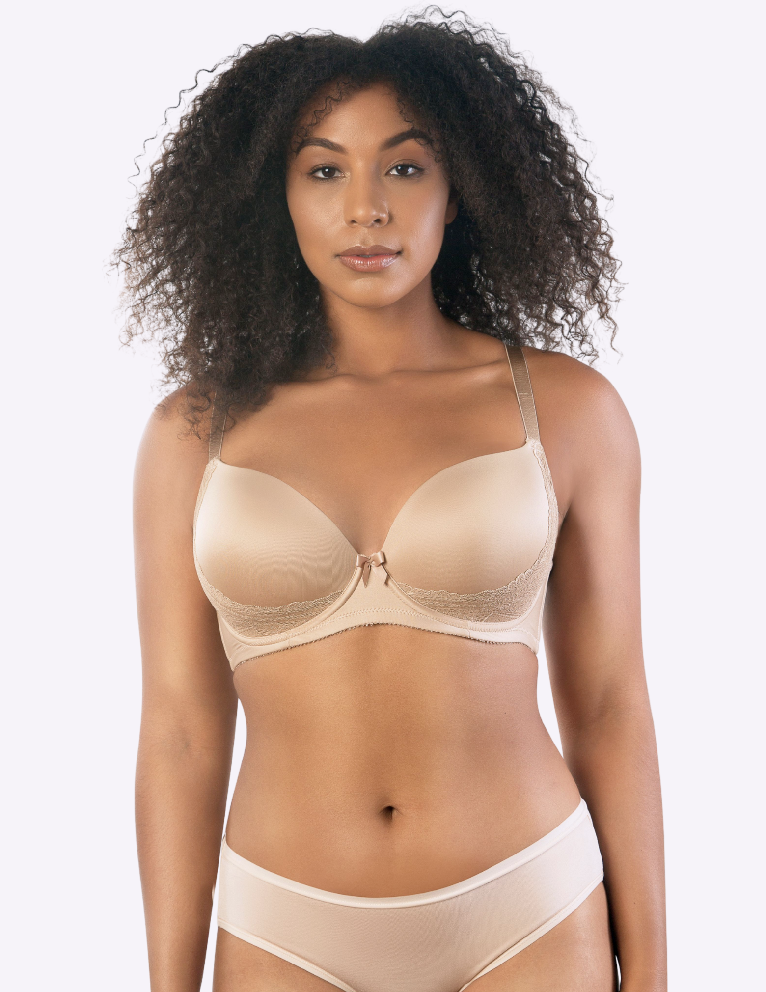 Front view of a model wearing Casey plunge t-shirt bra in European Nude