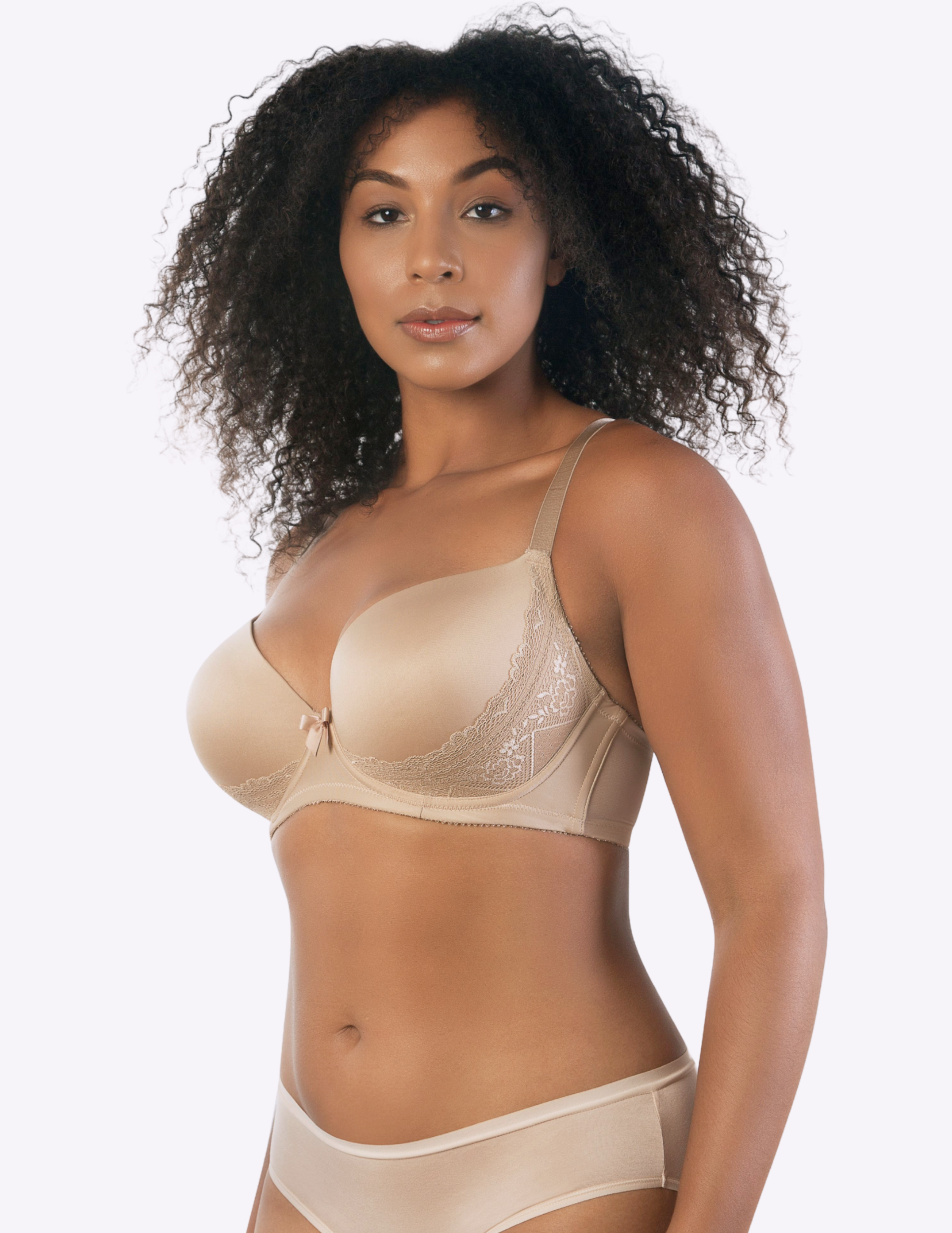 Side view of a model wearing Casey plunge t-shirt bra in European Nude