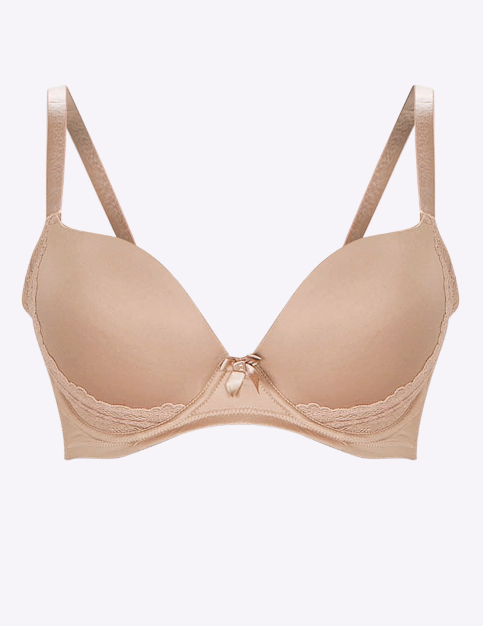 Light nude molded plunge t shirt bra with lace side detail and center front bow on a white background
