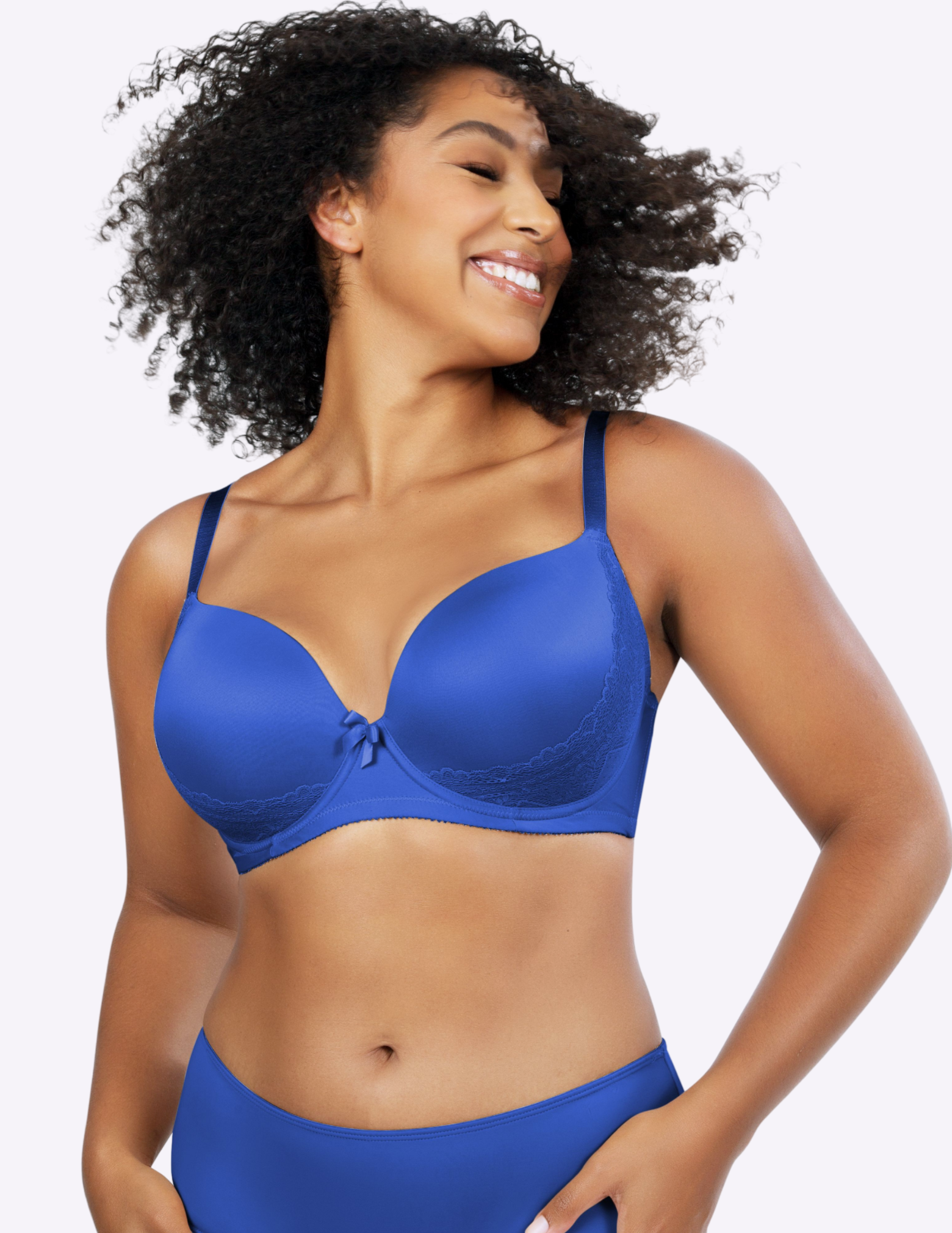 Front view of a model wearing Casey plunge t-shirt bra in nautical Blue