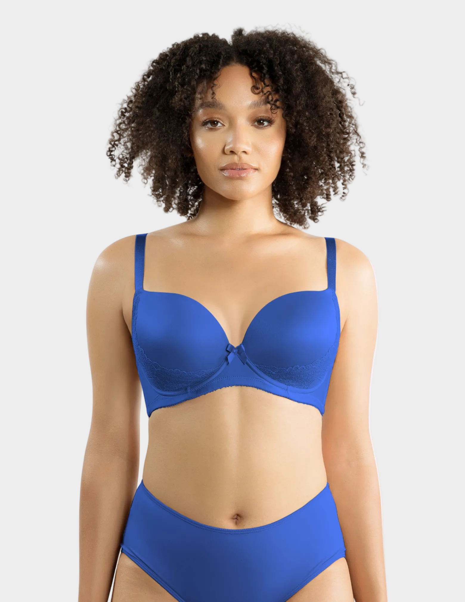 Front view of a model wearing Casey plunge t-shirt bra in Nautical Blue