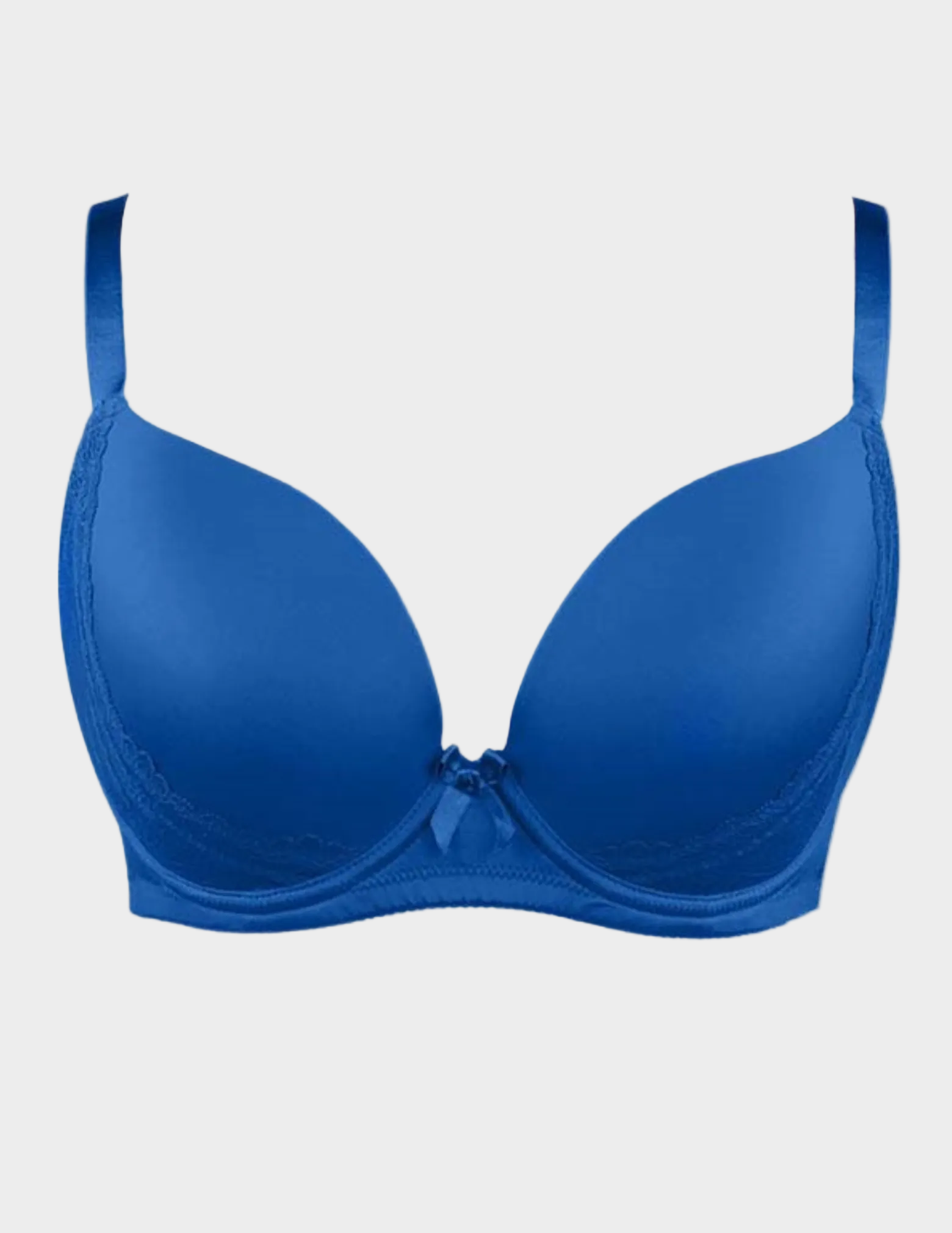 Blue molded plunge bra with lace side details and a center front bow against a white background