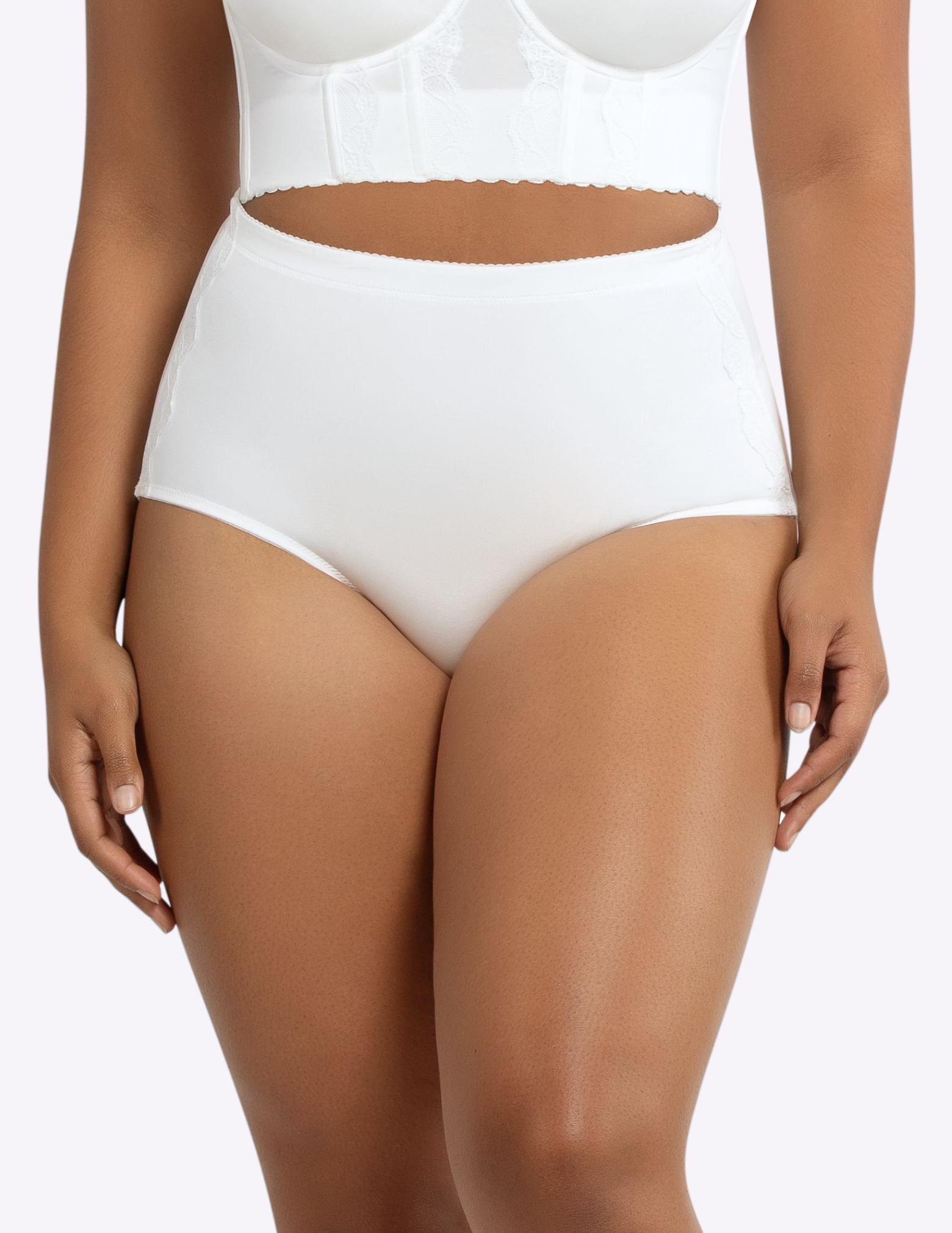 Front view of a model wearing Casey High Waisted Control Panty in Pearl White