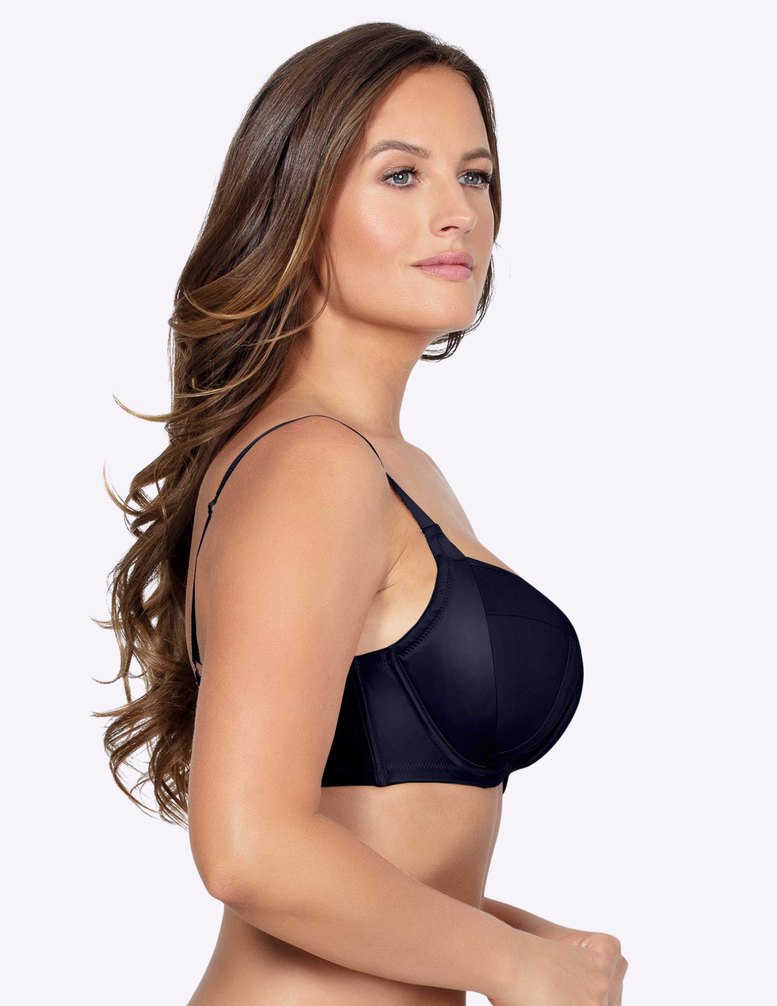 Side view of a model wearing Charlotte padded balconette bra in black