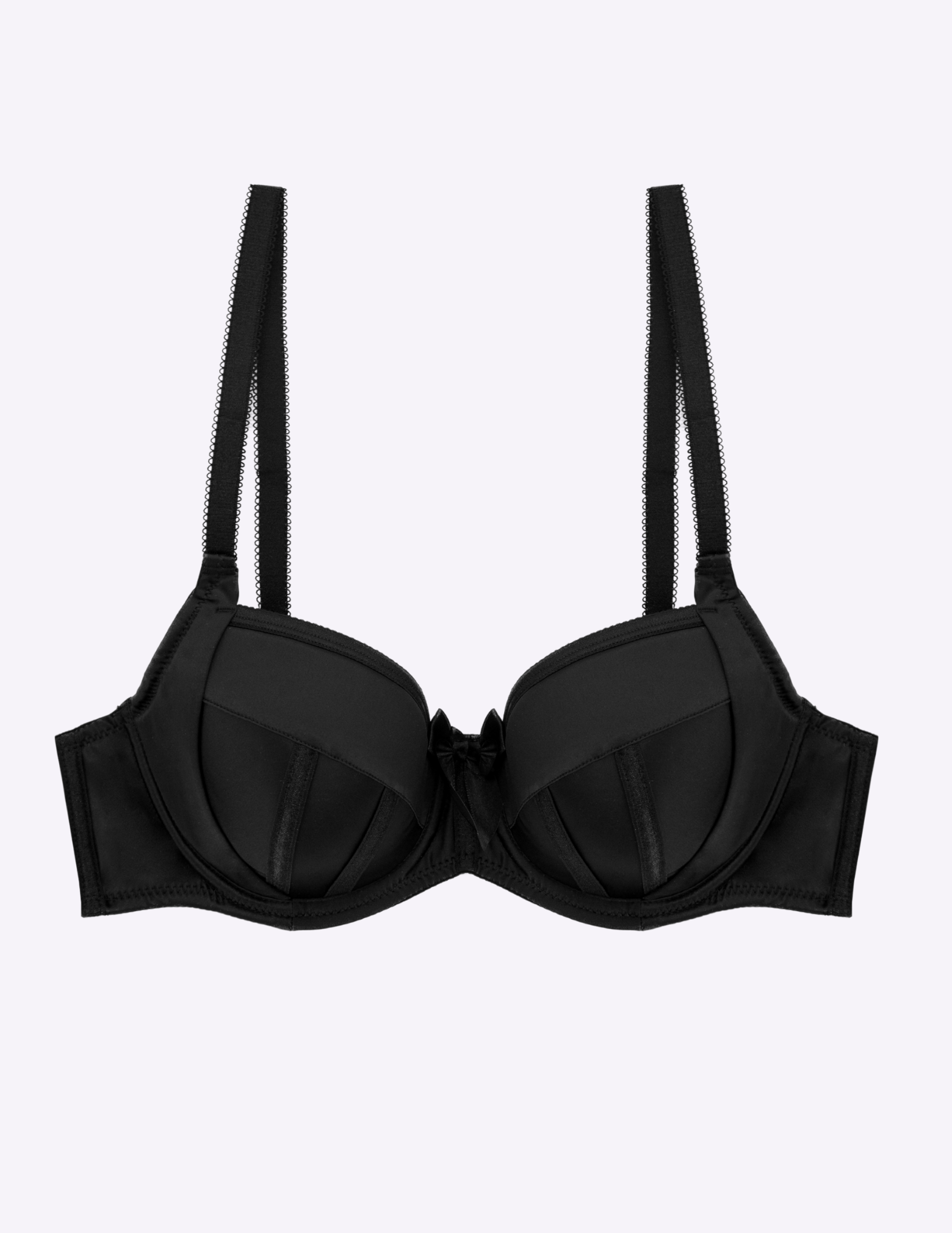 Black padded balconette bra lying flat on a white background