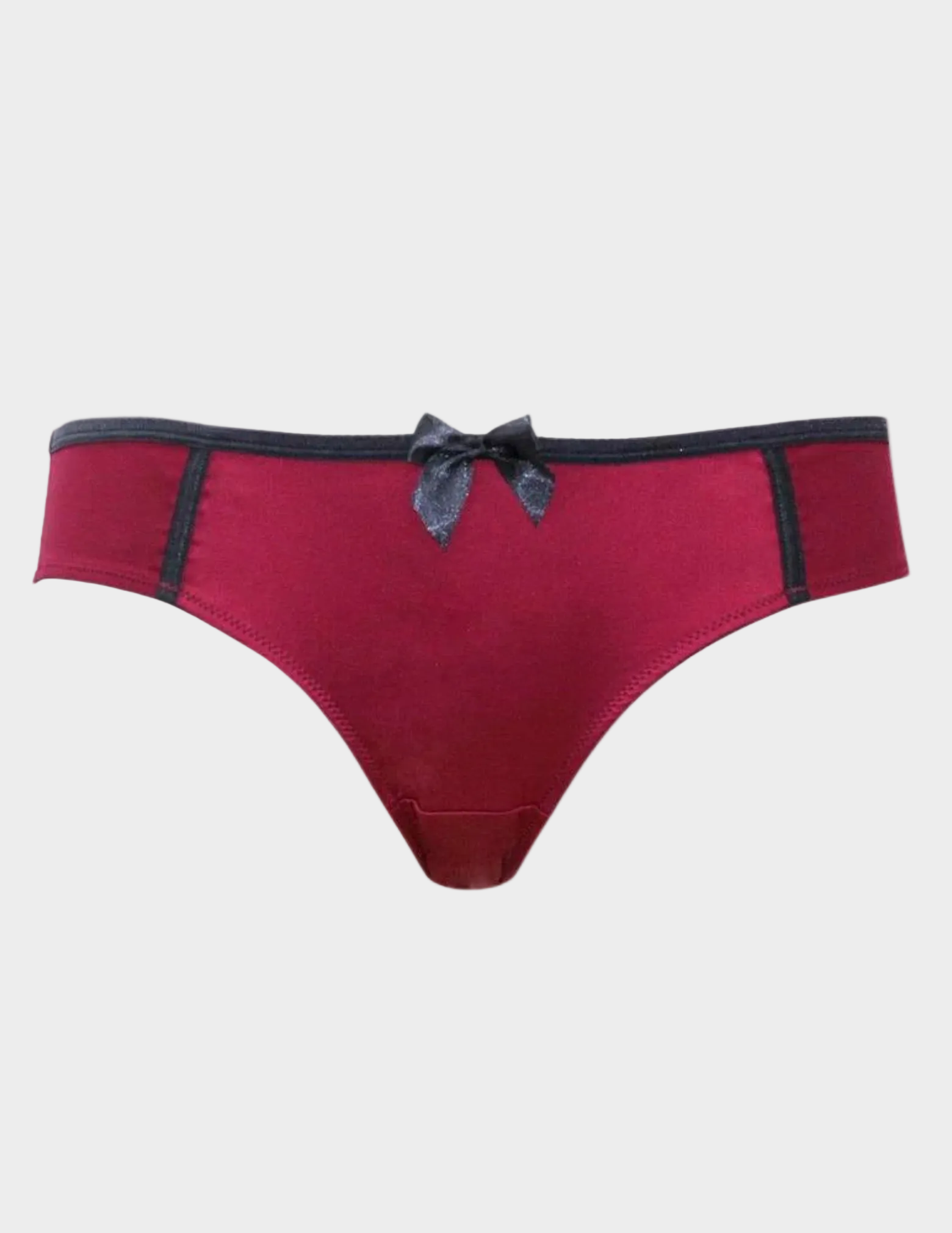 Red low rise underwear with black trim and bow on a white background
