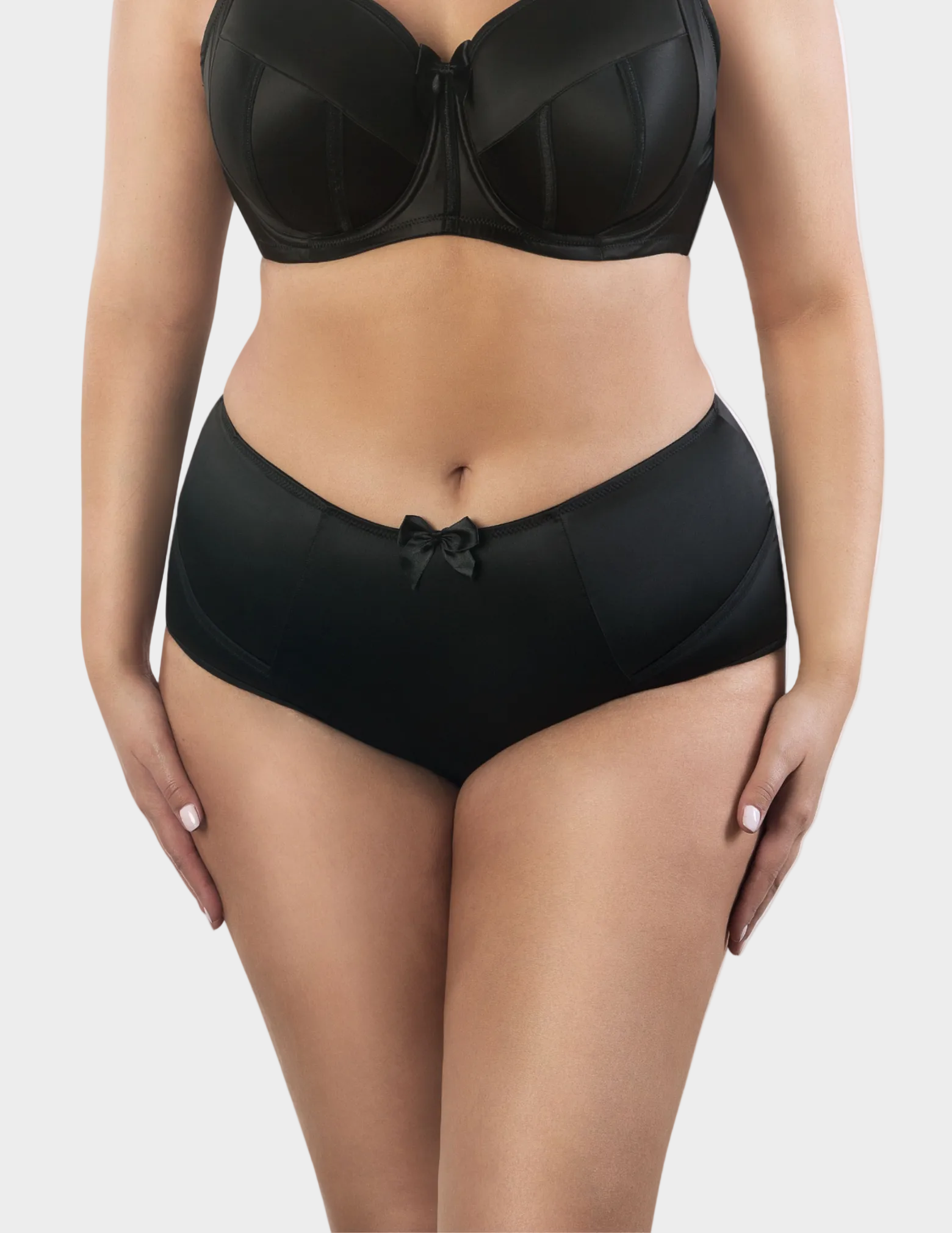 Front view of a curvy model wearing Charlotte high waisted panty in Black