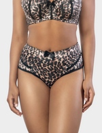 Front view of a model wearing Charlotte high waisted panty in Leopard Brown
