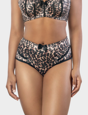 Front view of a model wearing Charlotte high waisted panty in Leopard Brown