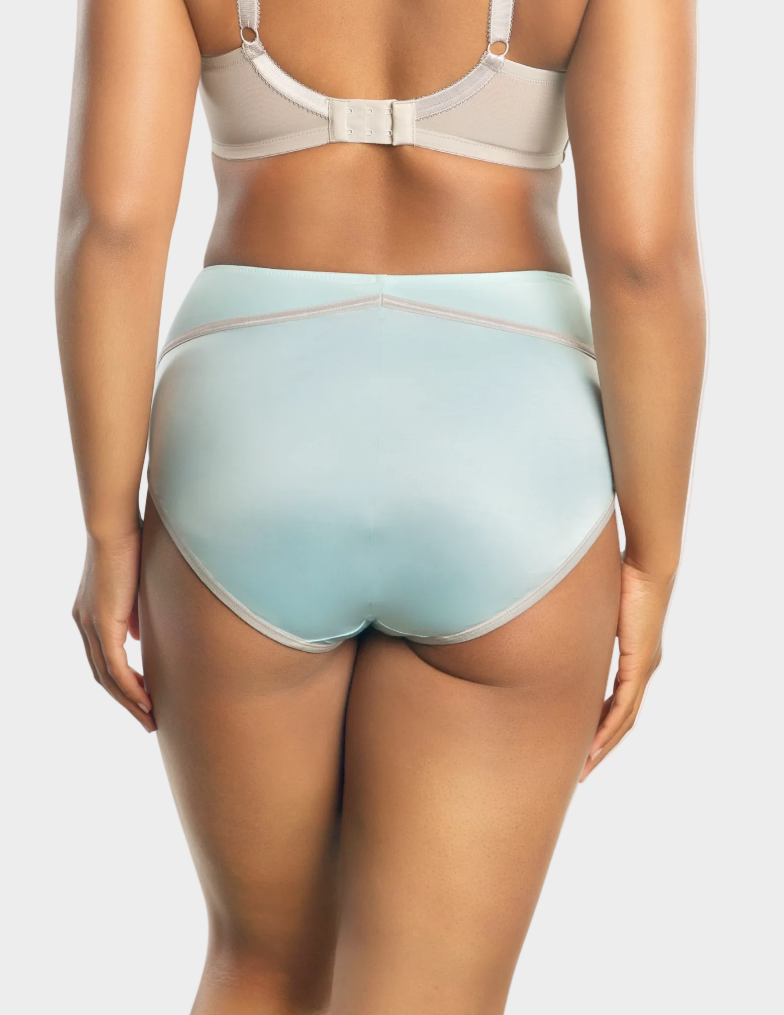 Back view of a model wearing Charlotte high waisted panty in Seaglass Green