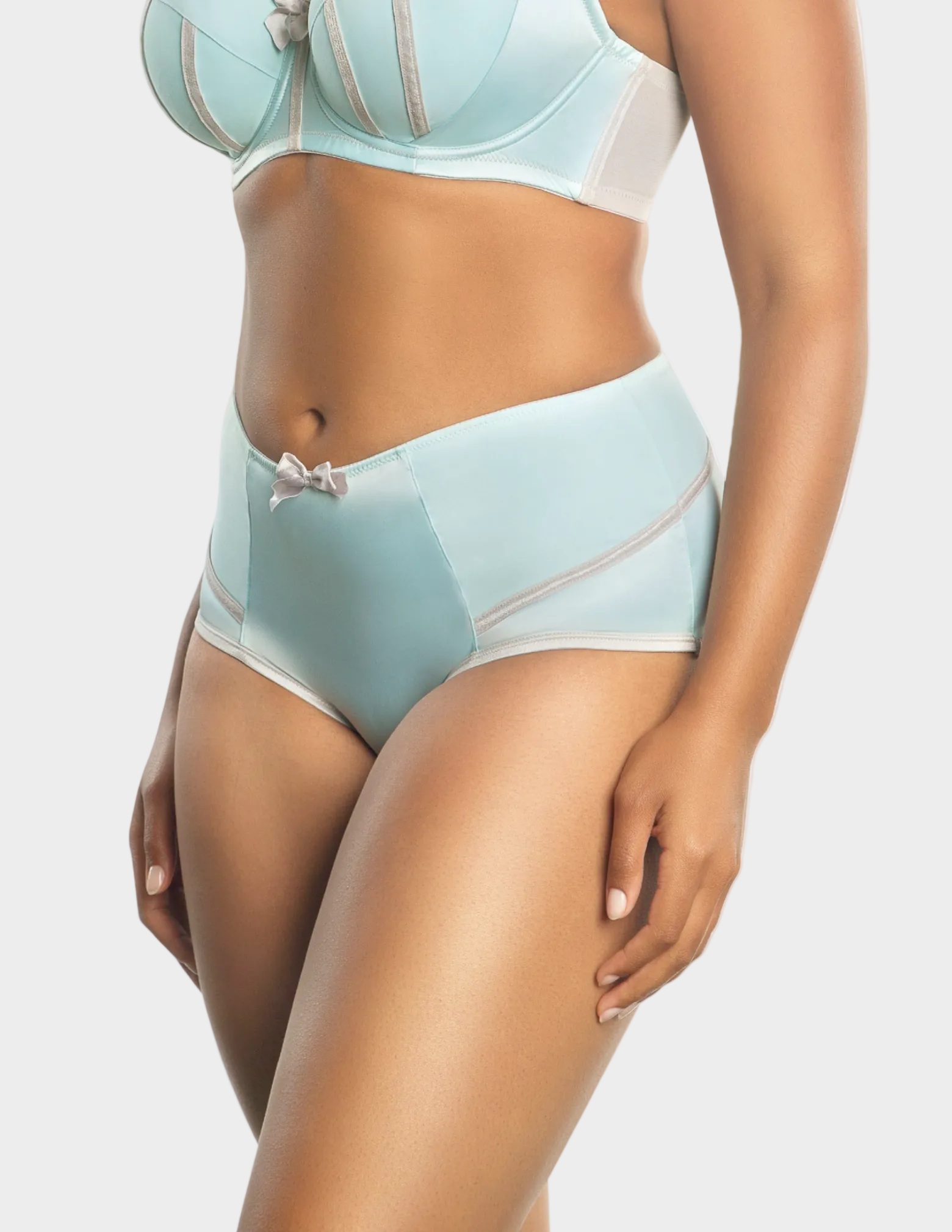 Side view of a model wearing Charlotte high waisted panty in Seaglass Green