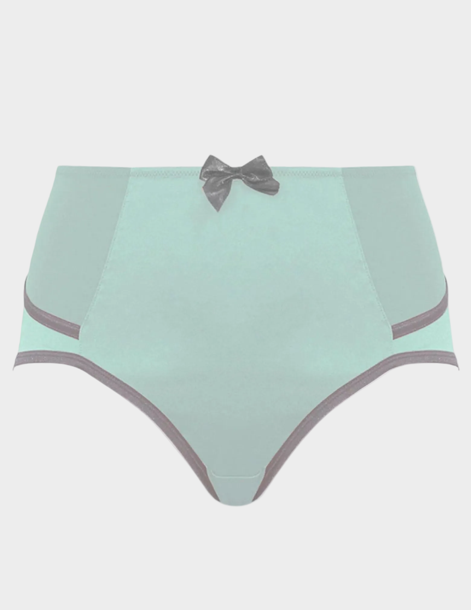 Mint green underwear with gray trim and bow on a white background