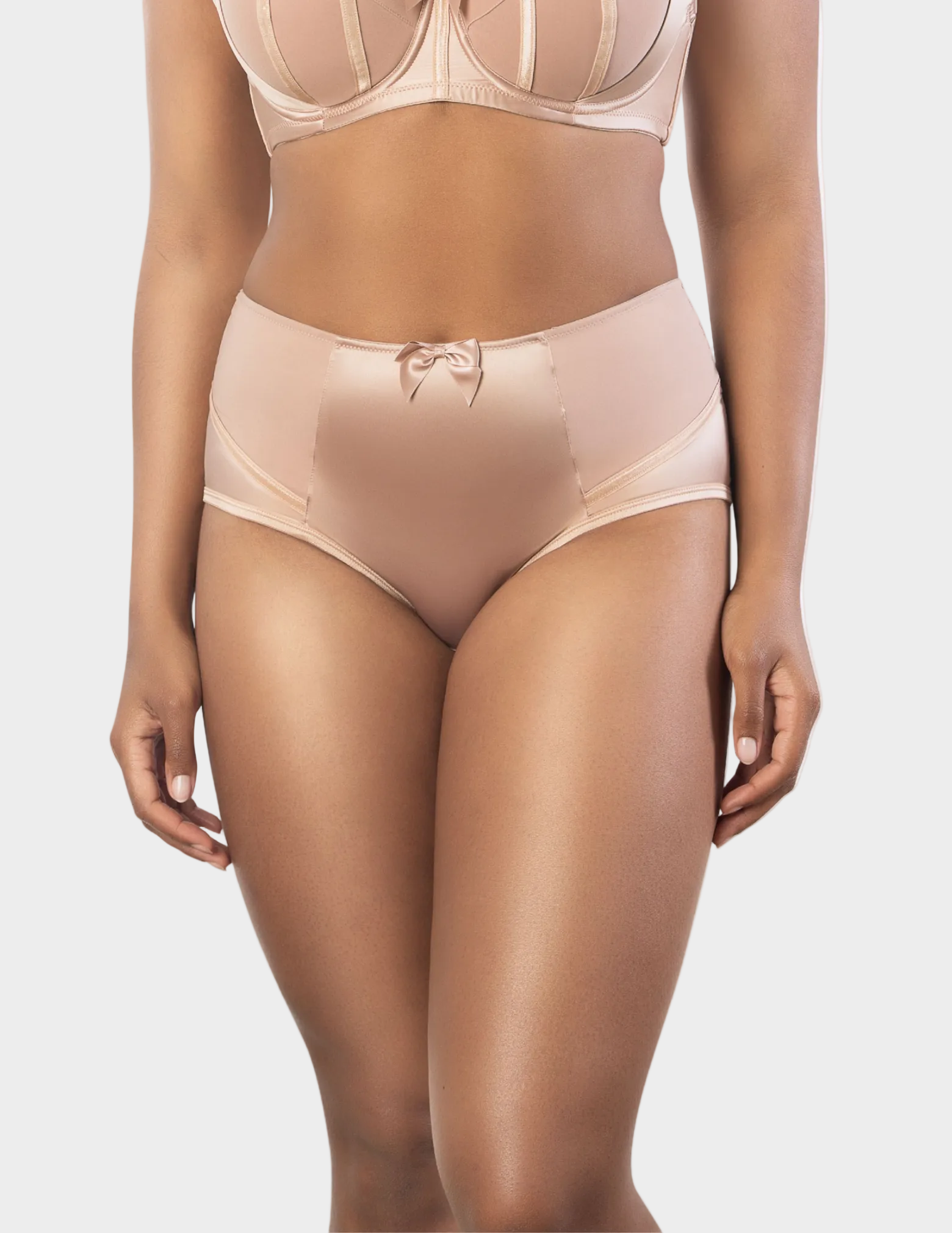 Front view of a model wearing Charlotte high waisted panty in True Nude