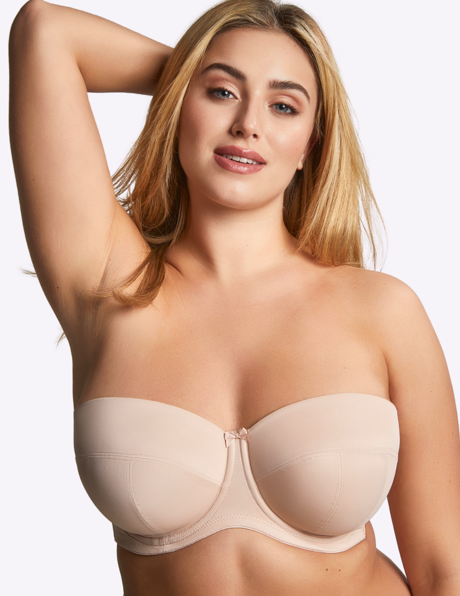 Front view of model wearing dana bra in linen without straps