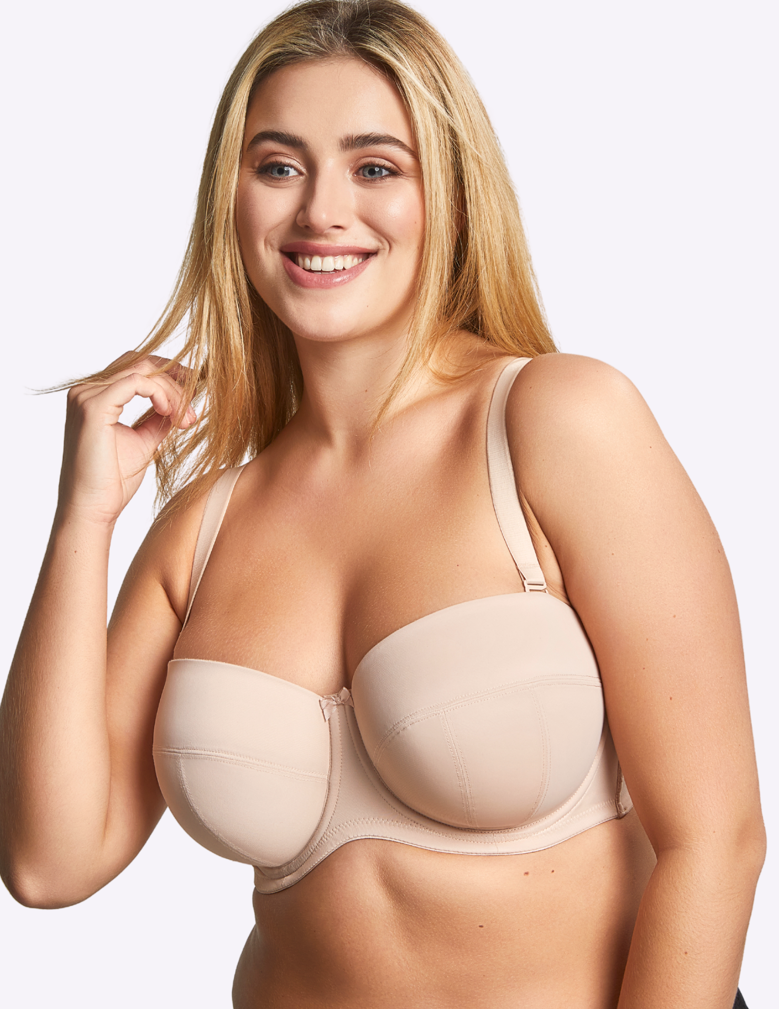 Front view of model wearing dana bra in linen with attached straps