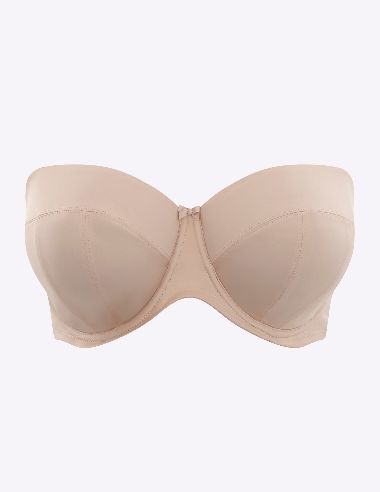 Front view of light beige strapless balconette bra with 4 piece cups and center front bow against a white background