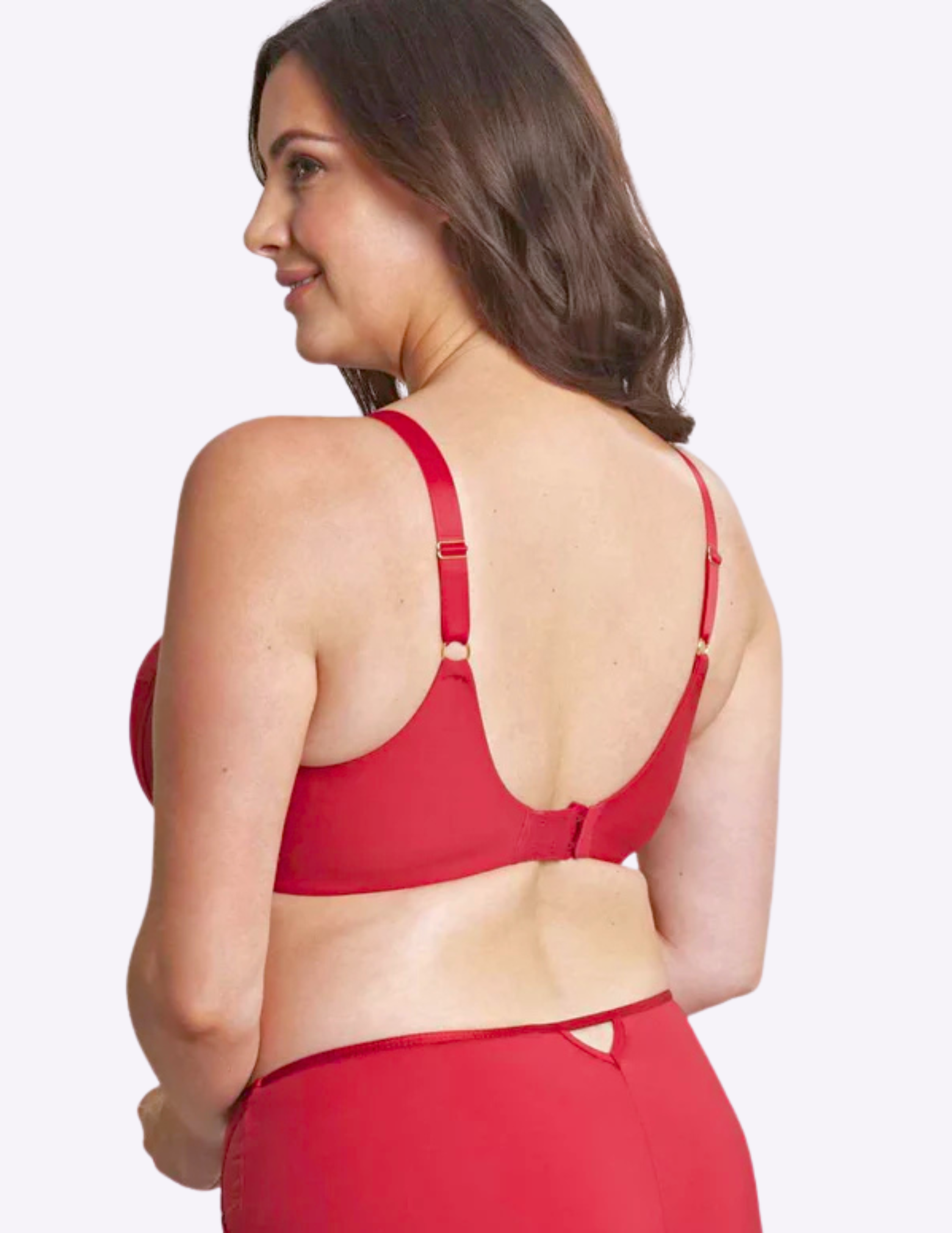 Back view of model wearing dionne bra in fiery red