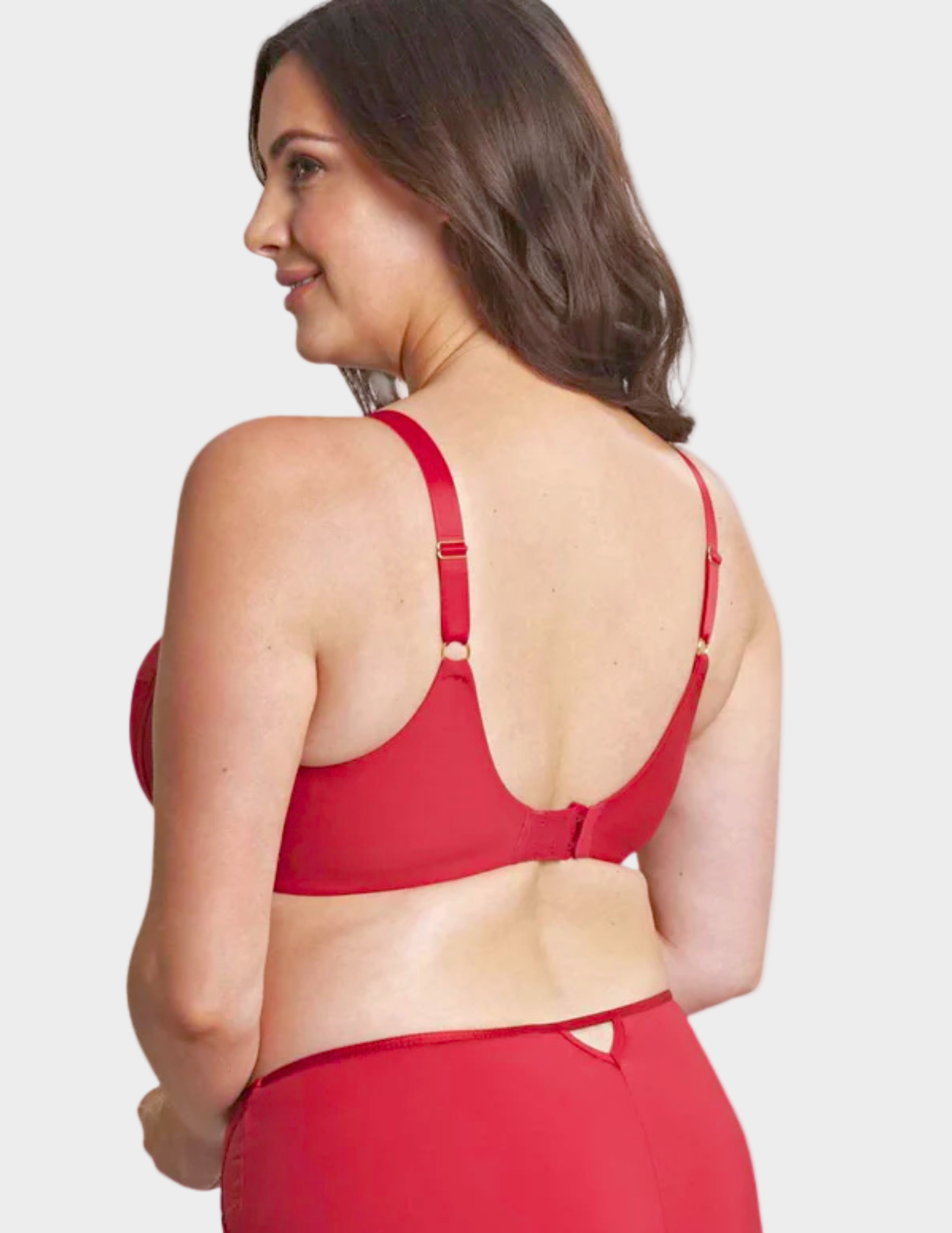 Back view of model wearing dionne bra in fiery red