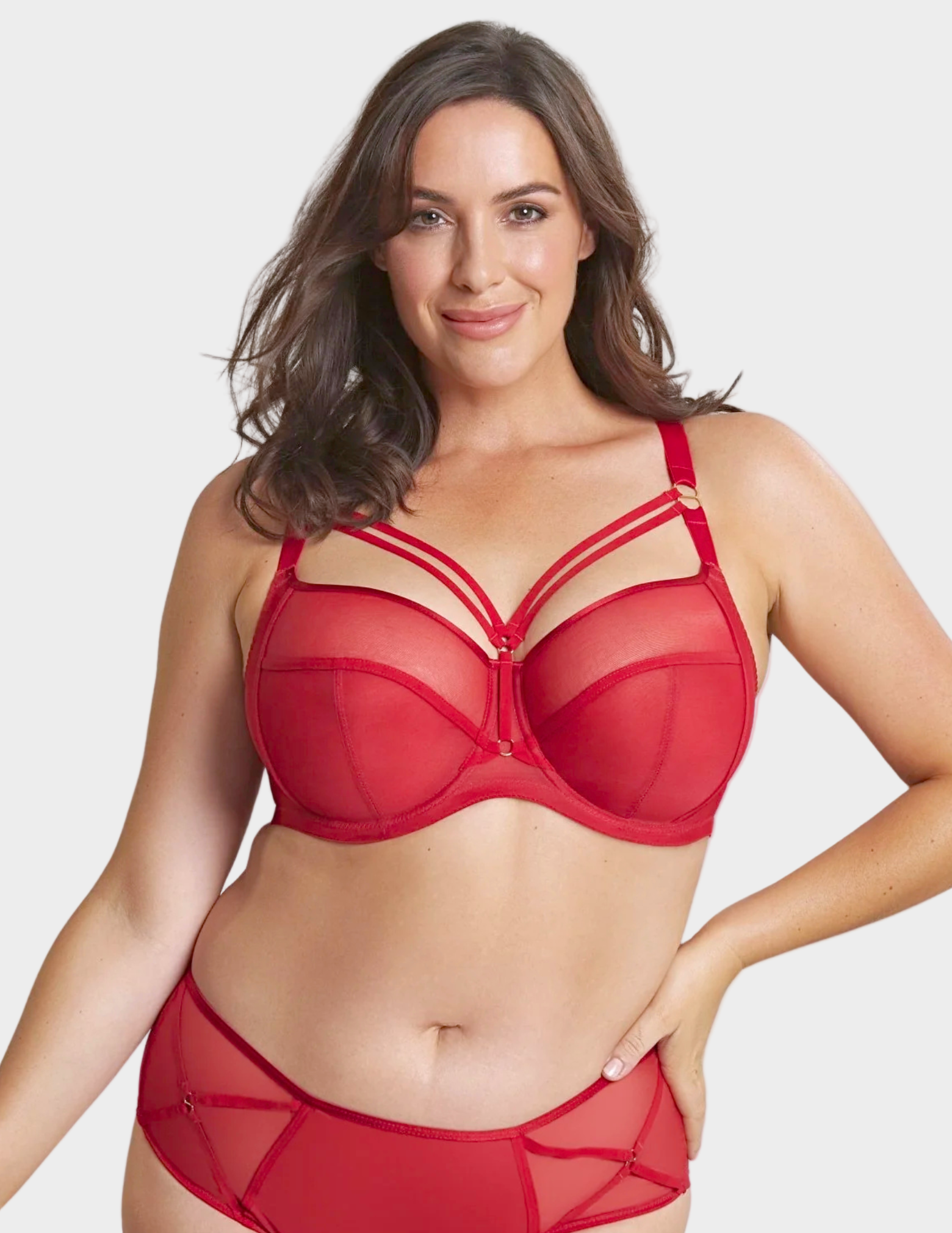 Front view of model wearing dionne bra in fiery red