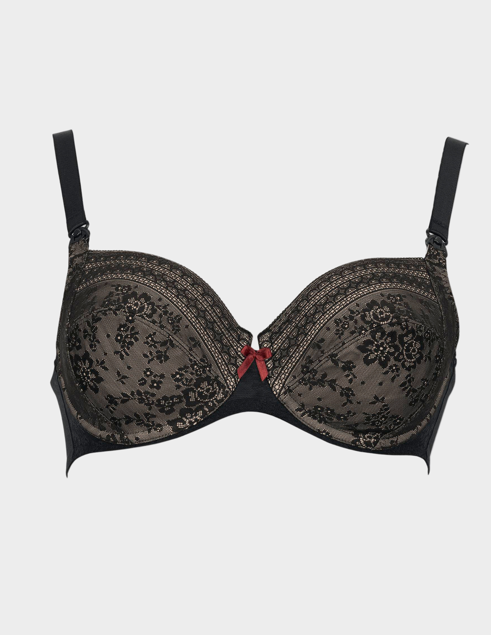 Black lace nursing bra with floral patterns