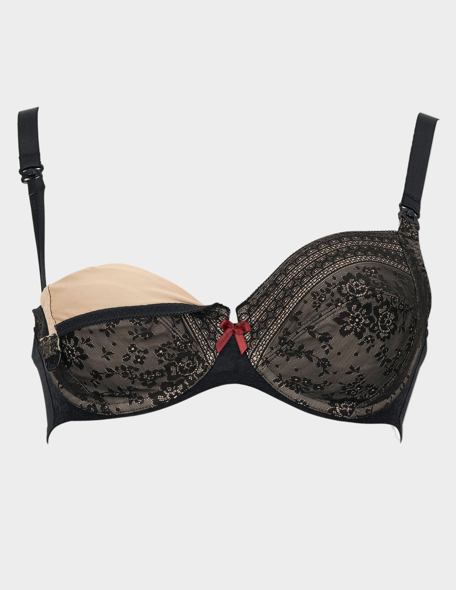 Black lace nursing bra unclipped with beige interior