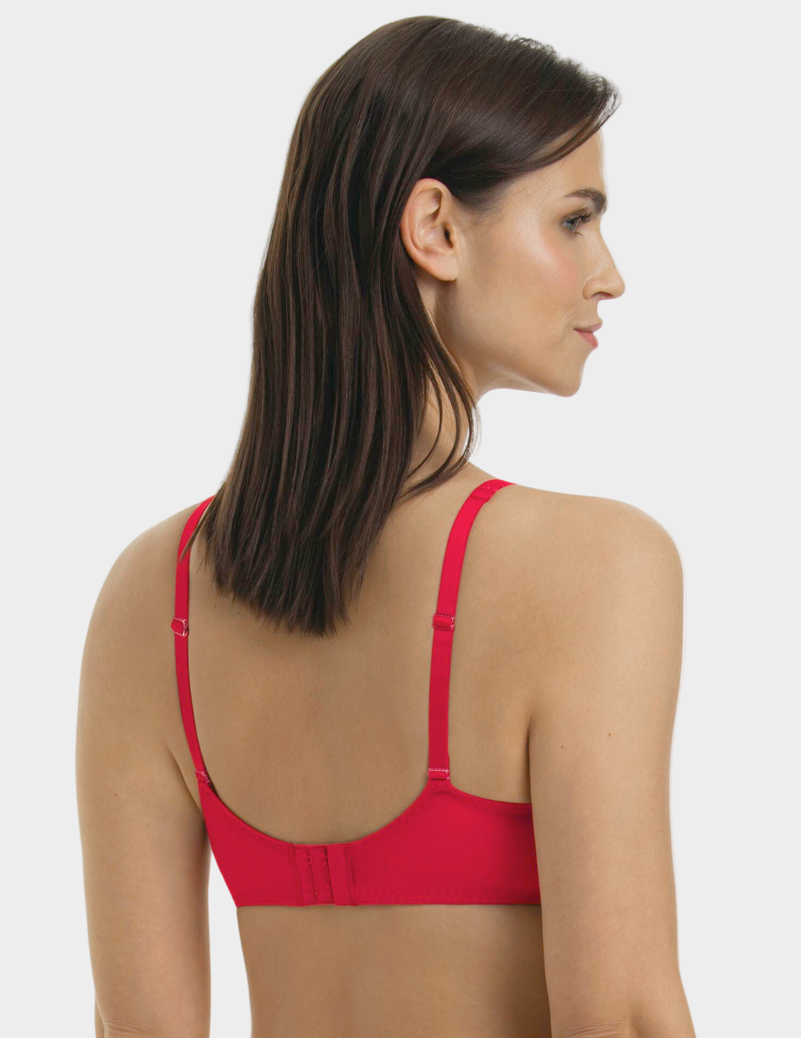 Back view of woman wearing a red bra on a white background