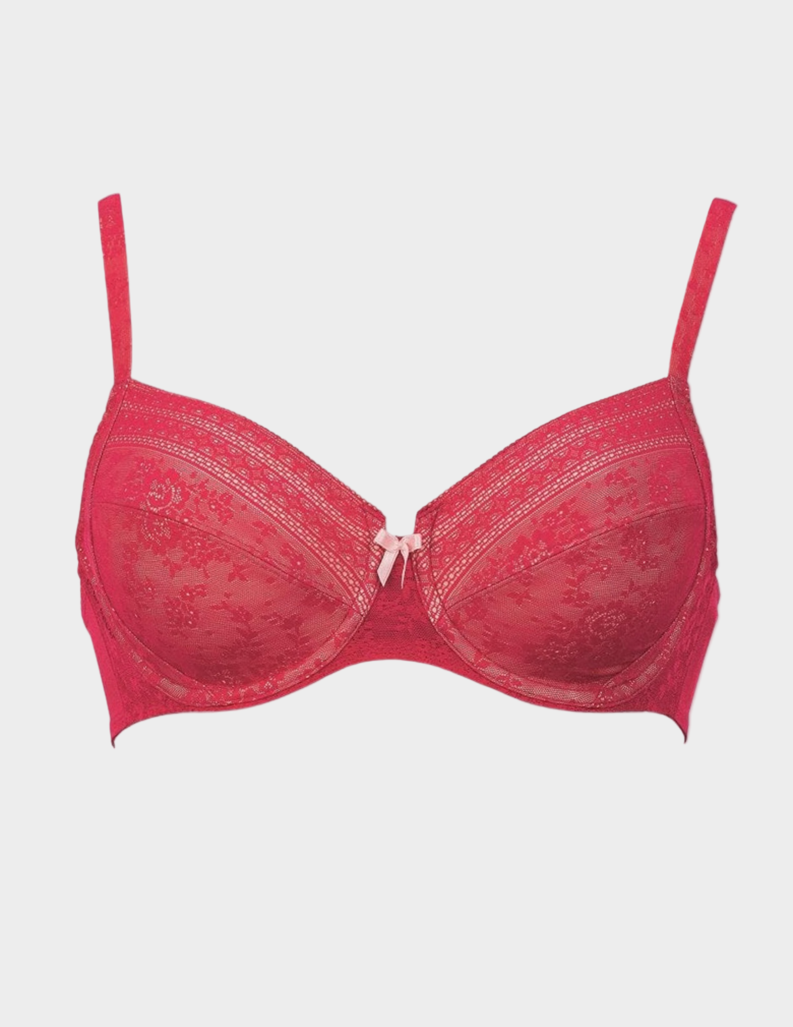Red bra with lace details on a white background