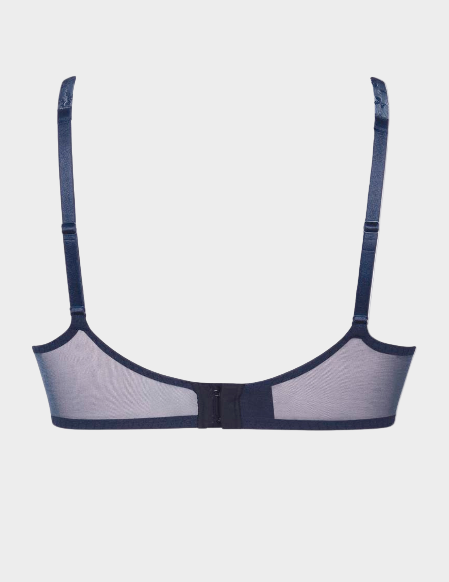 Navy blue bra with mesh panels on a light gray background
