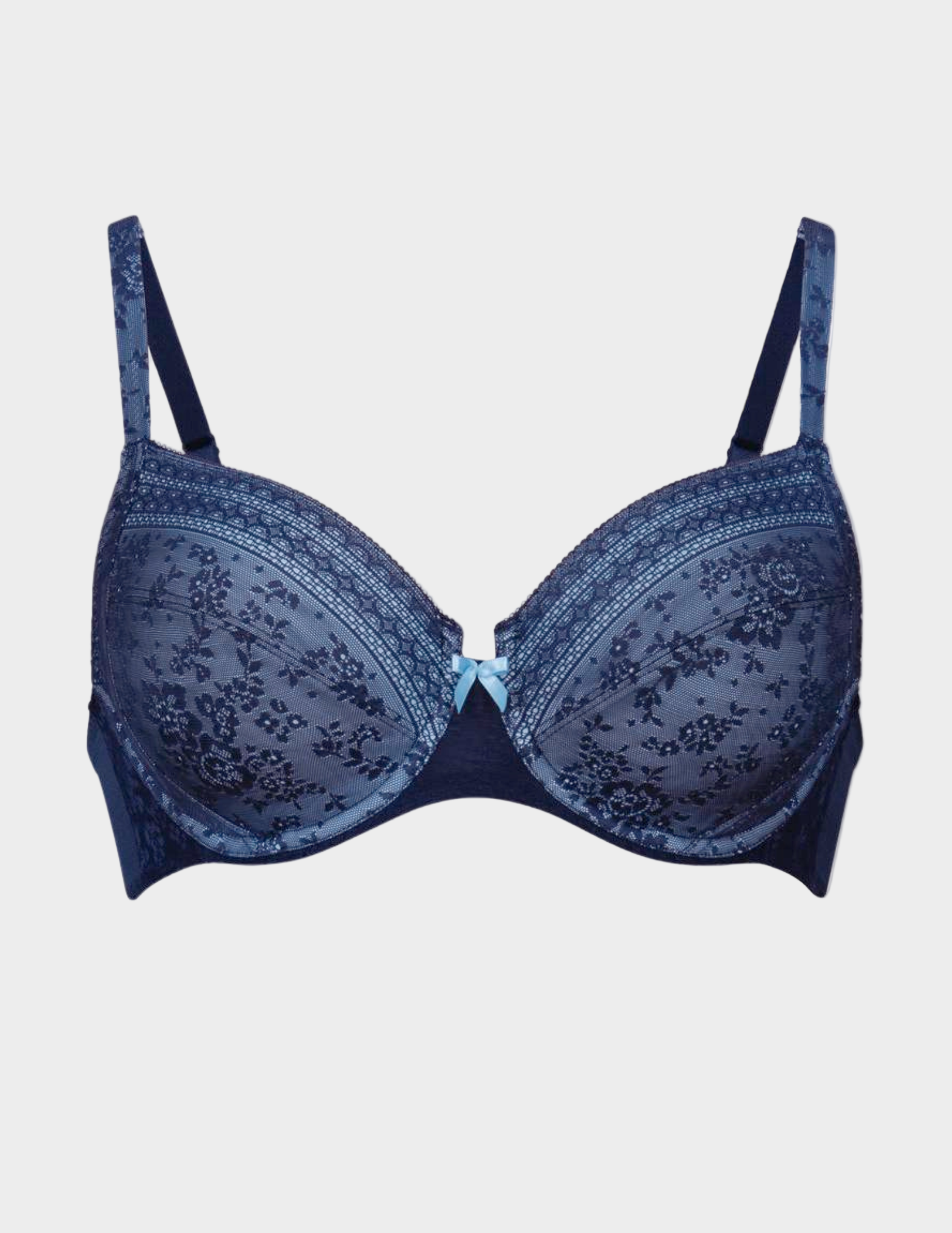 Blue lace bra on a light gray background