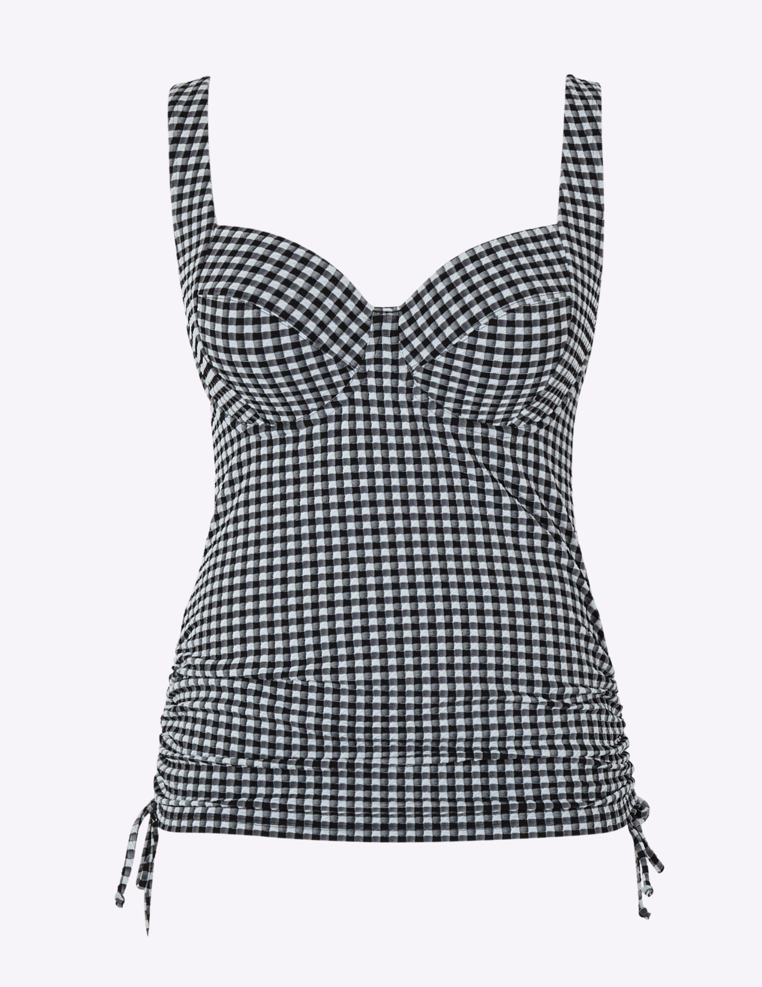 Black and white checkered tankini on a light gray background