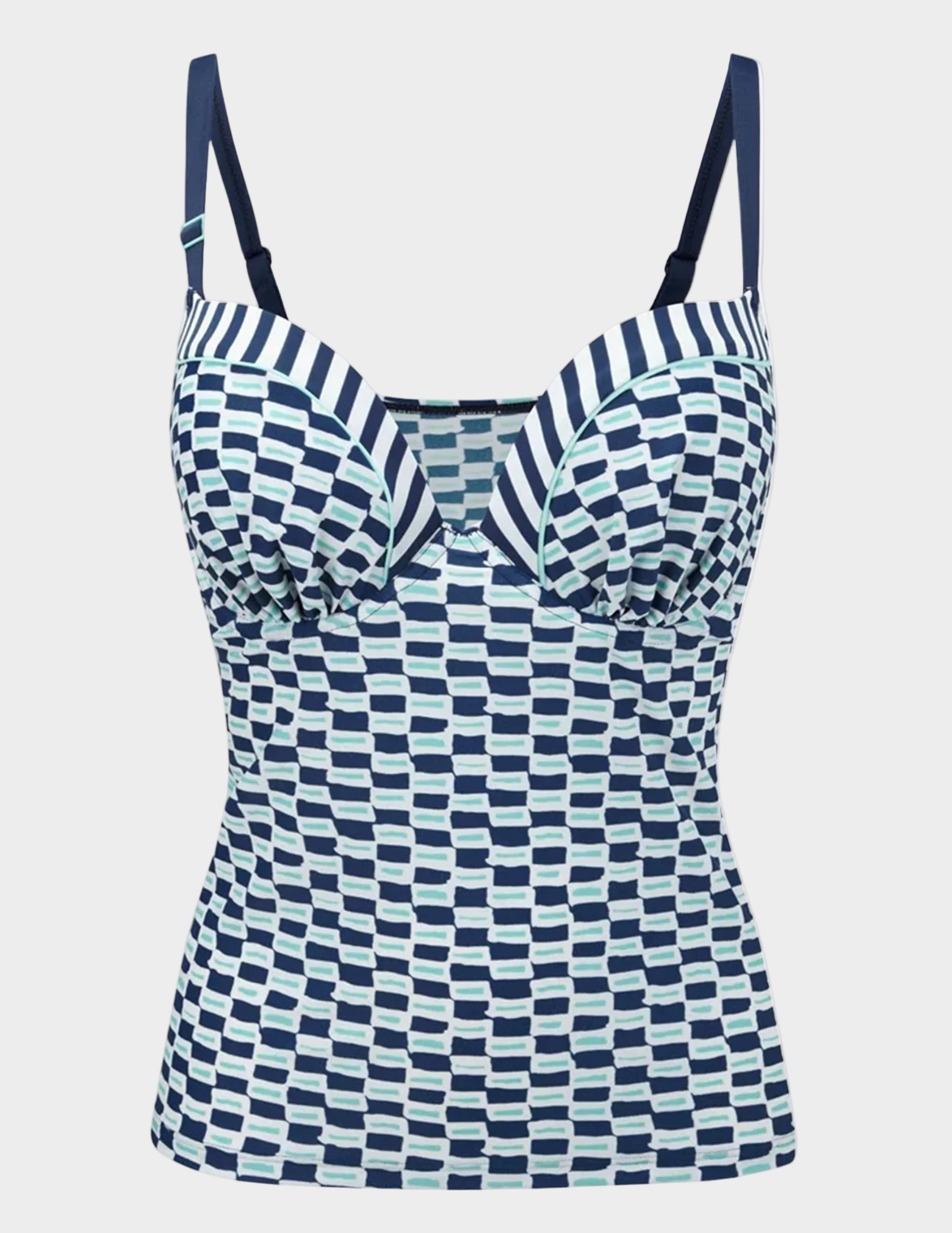 Blue and white patterned tankini on a light gray background