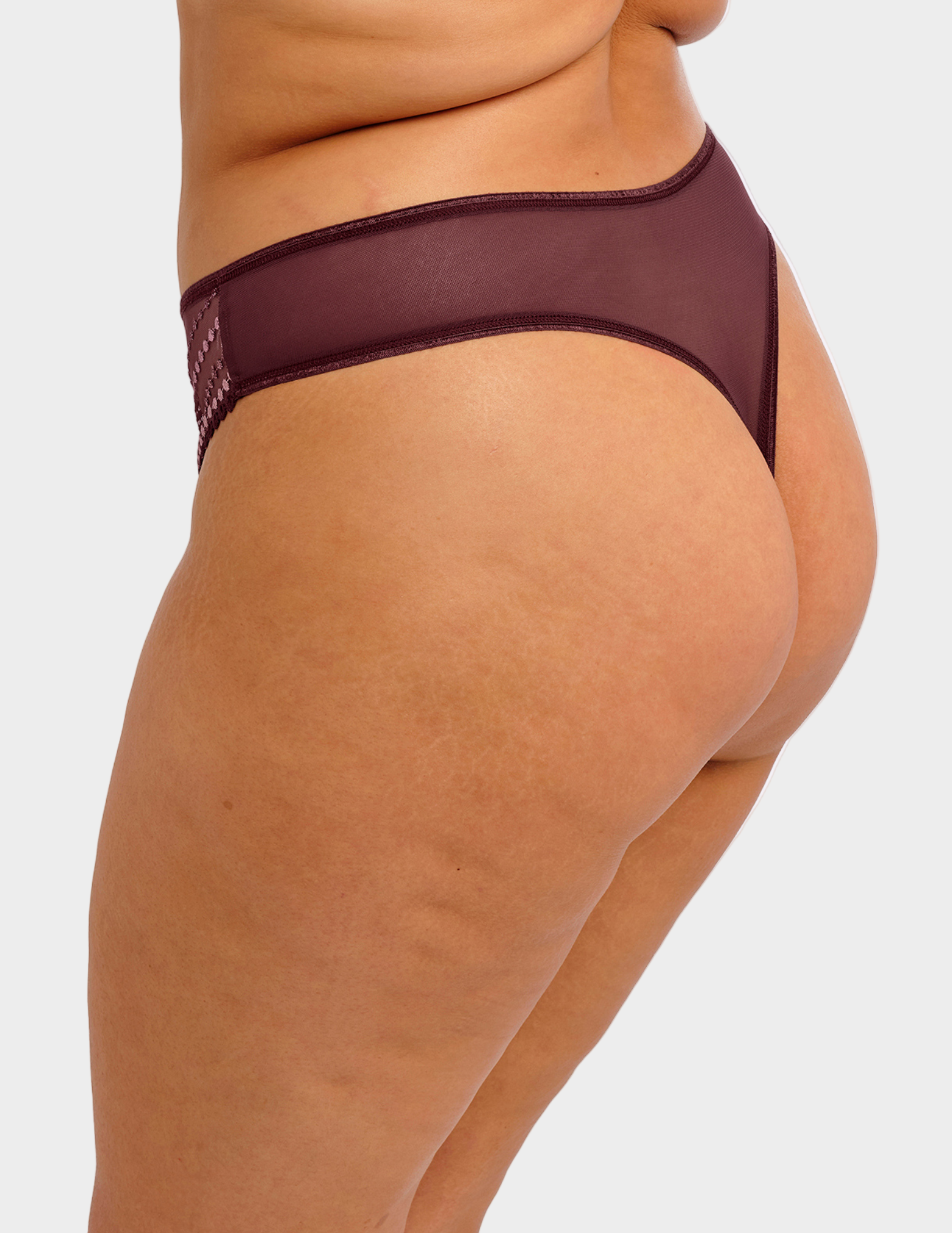 Side view of a model wearing Matilda thong in sugarplum