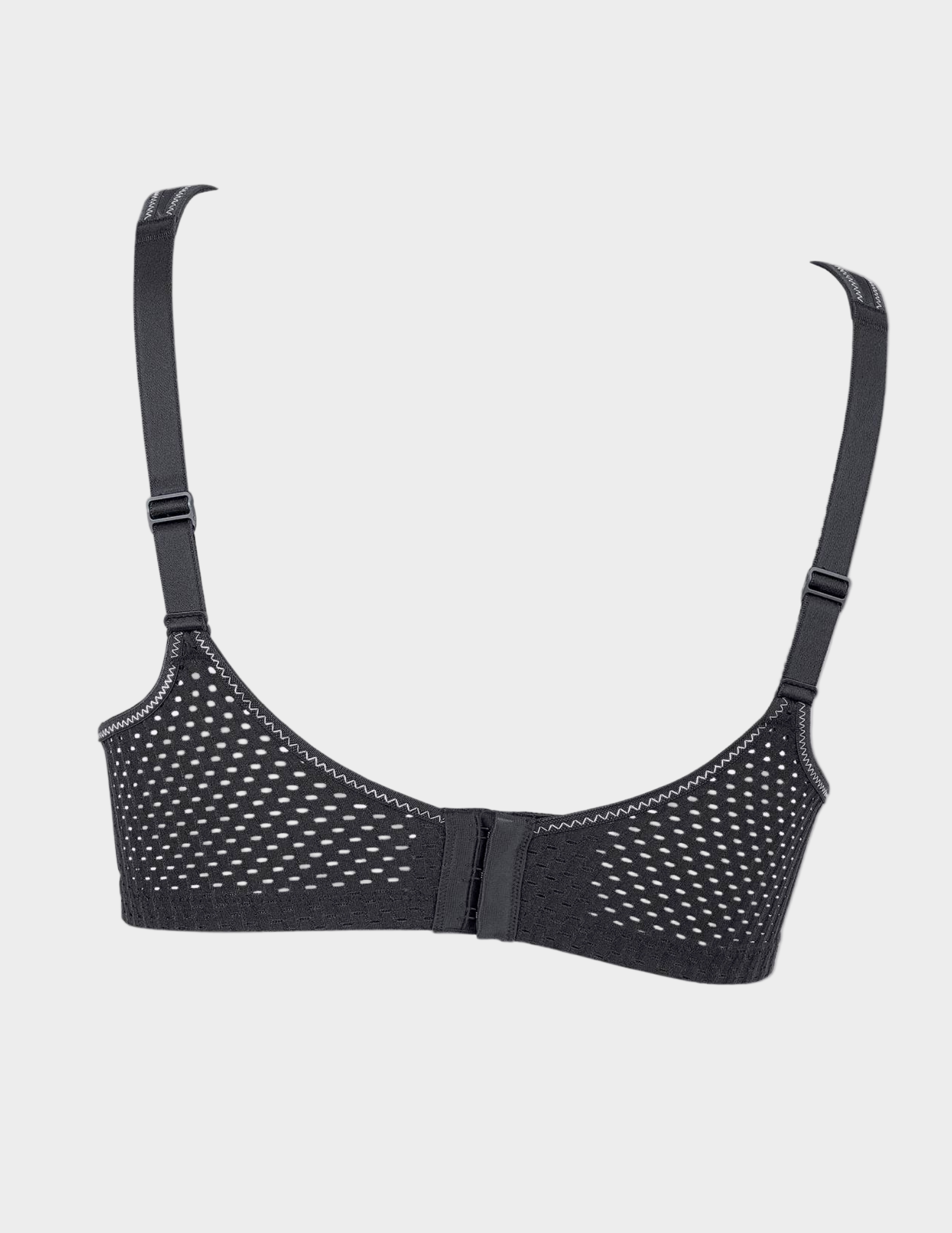 back view of Black sports bra with mesh design on a white background