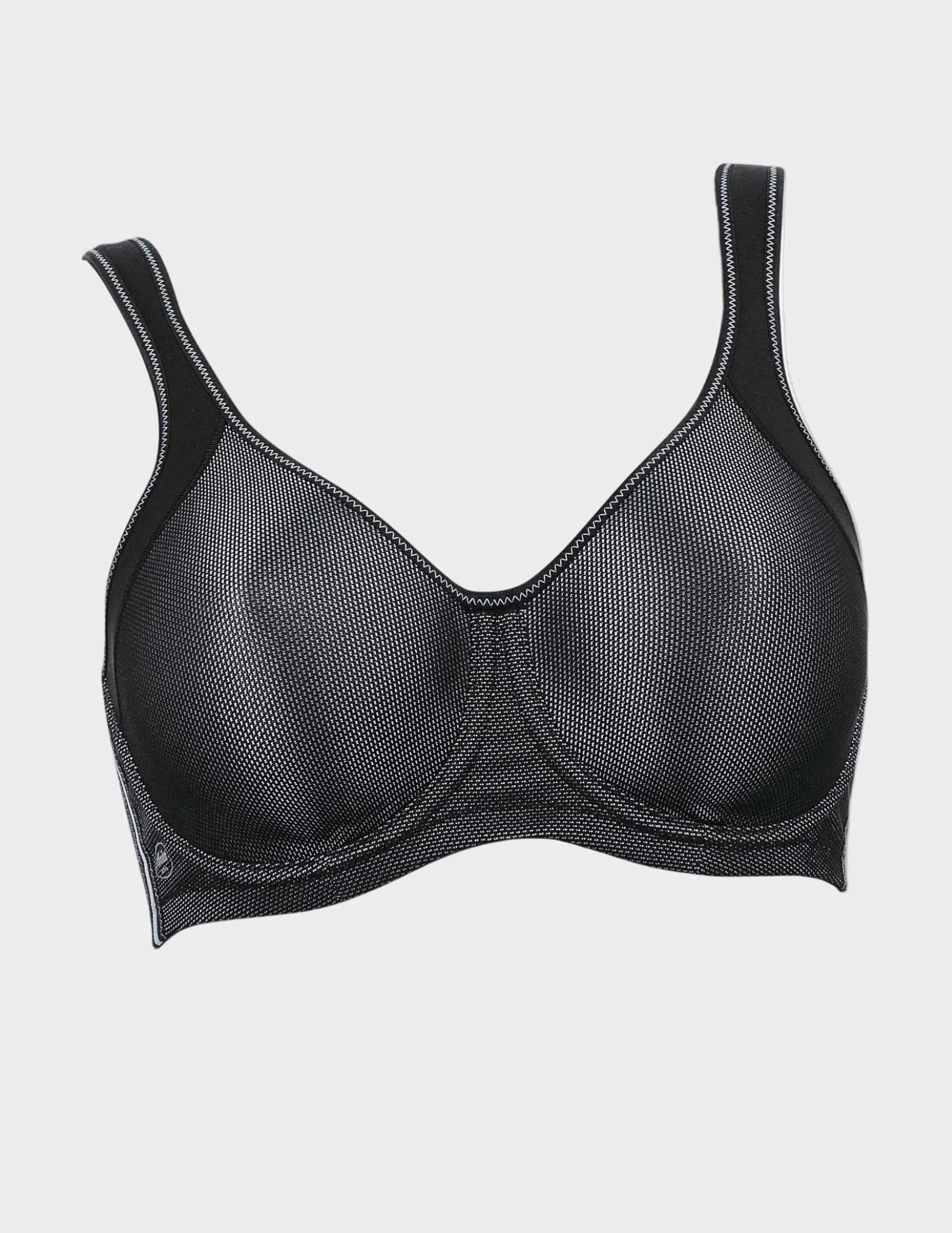 Black metallic sports bra on a light gray background