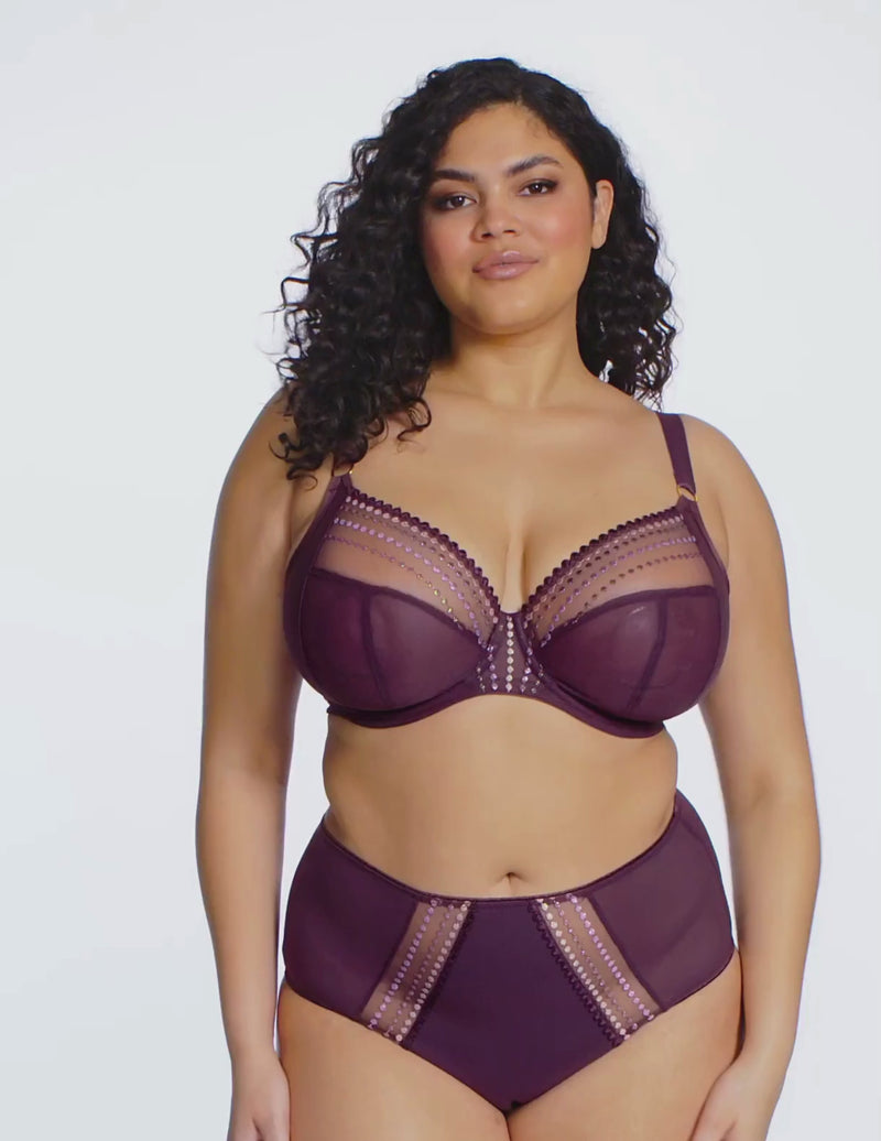 Model wearing Matilda bra in Sugarplum posing and turning