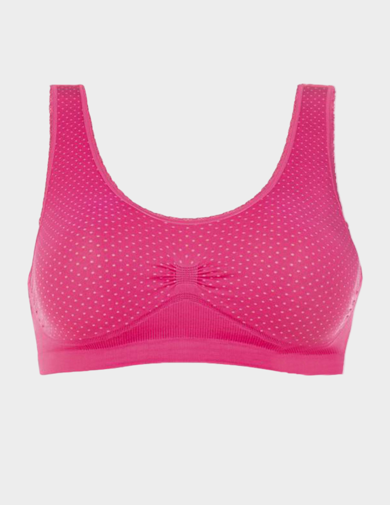 Pink polka dot bra on a white background