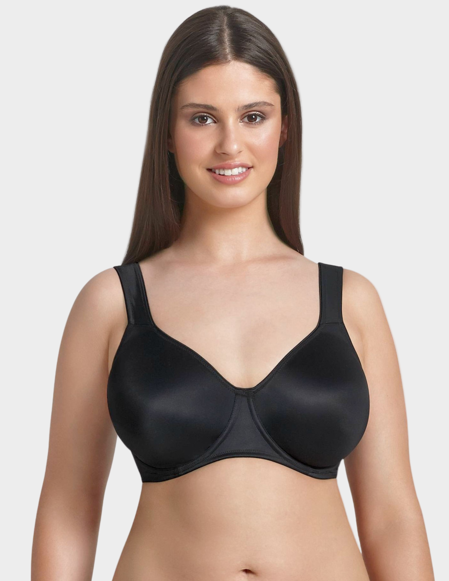 model wearing black bra on white background
