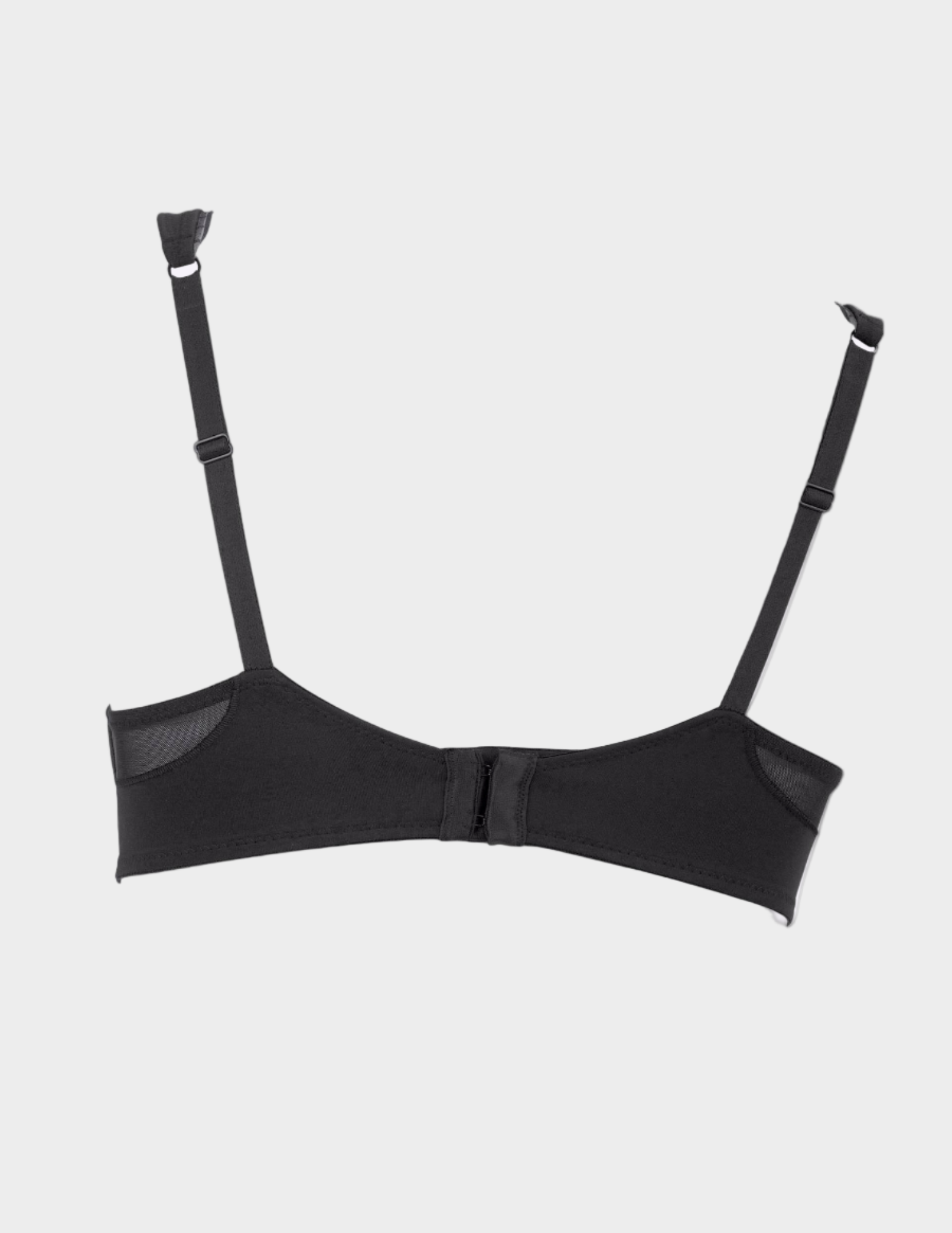 back view of Black bra on a light gray background