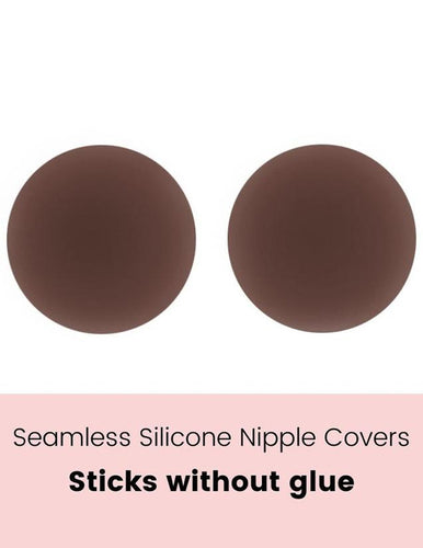 circular adhesive nipple cover front view, dark nude
