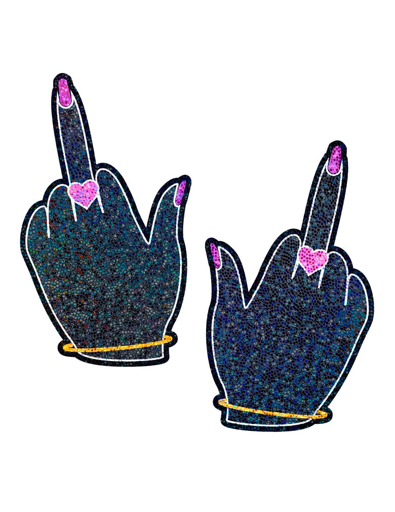 glittery middle finger hand shaped nipple covers with gold bracelets and pink nails and rings,