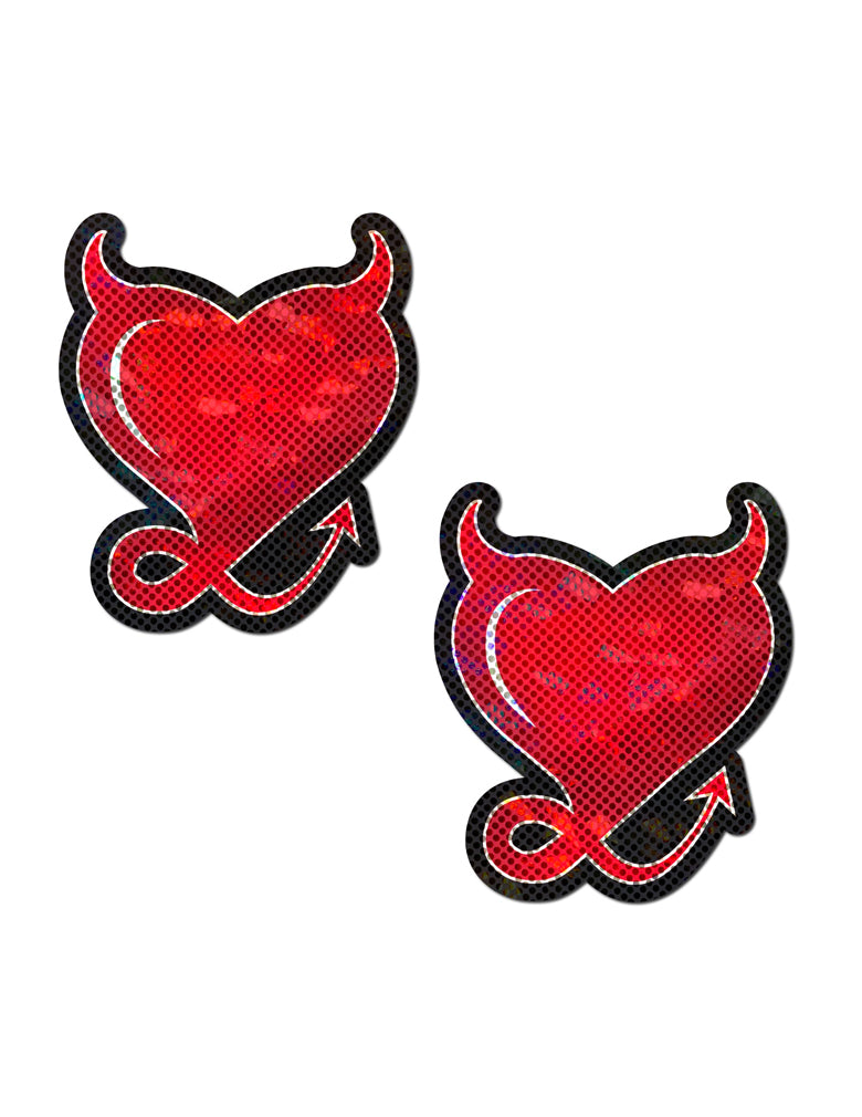 glittery red heart shaped nipple covers with devil horns and tail