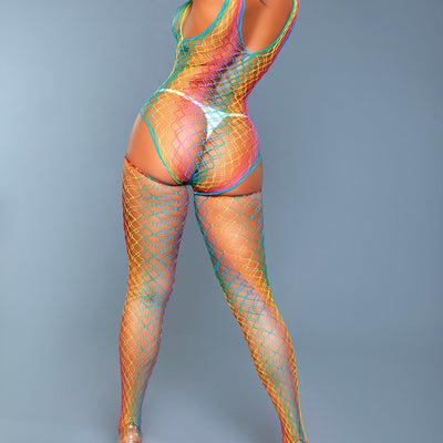 Be Wicked 2056 Rainbow 2 Piece Wide Fishnet Bodysuit With Matching Thigh highs