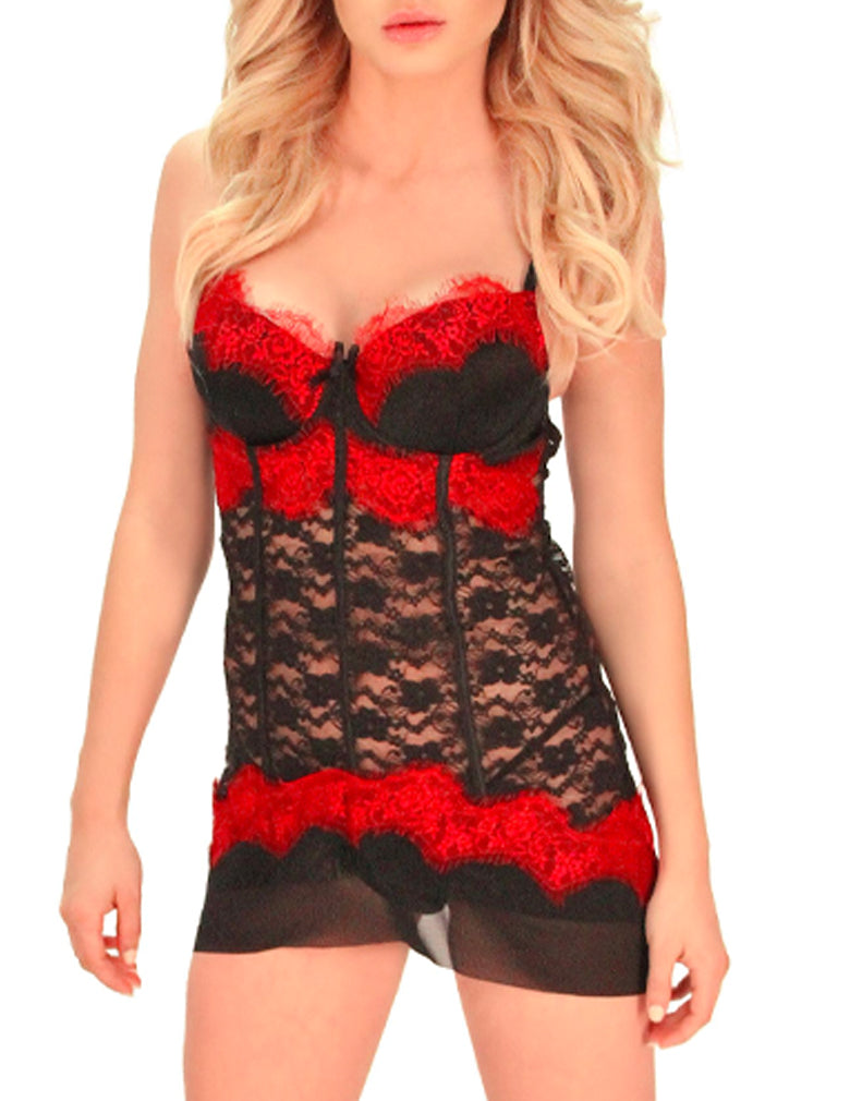 Lovely Lies JL145 Black & Red Lace Babydoll zoom front view